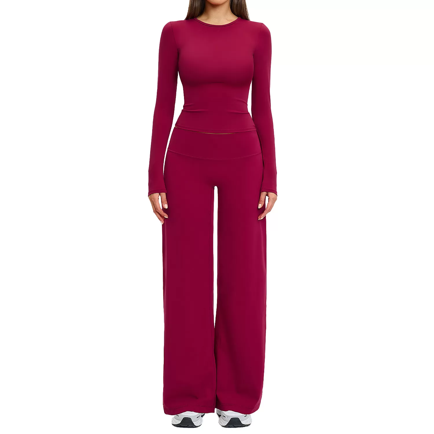 Solid Activewear Long Sleeves Pants 2-Piece Gym Set for Women Four-Way Stretch for Yoga FGBTZ8519