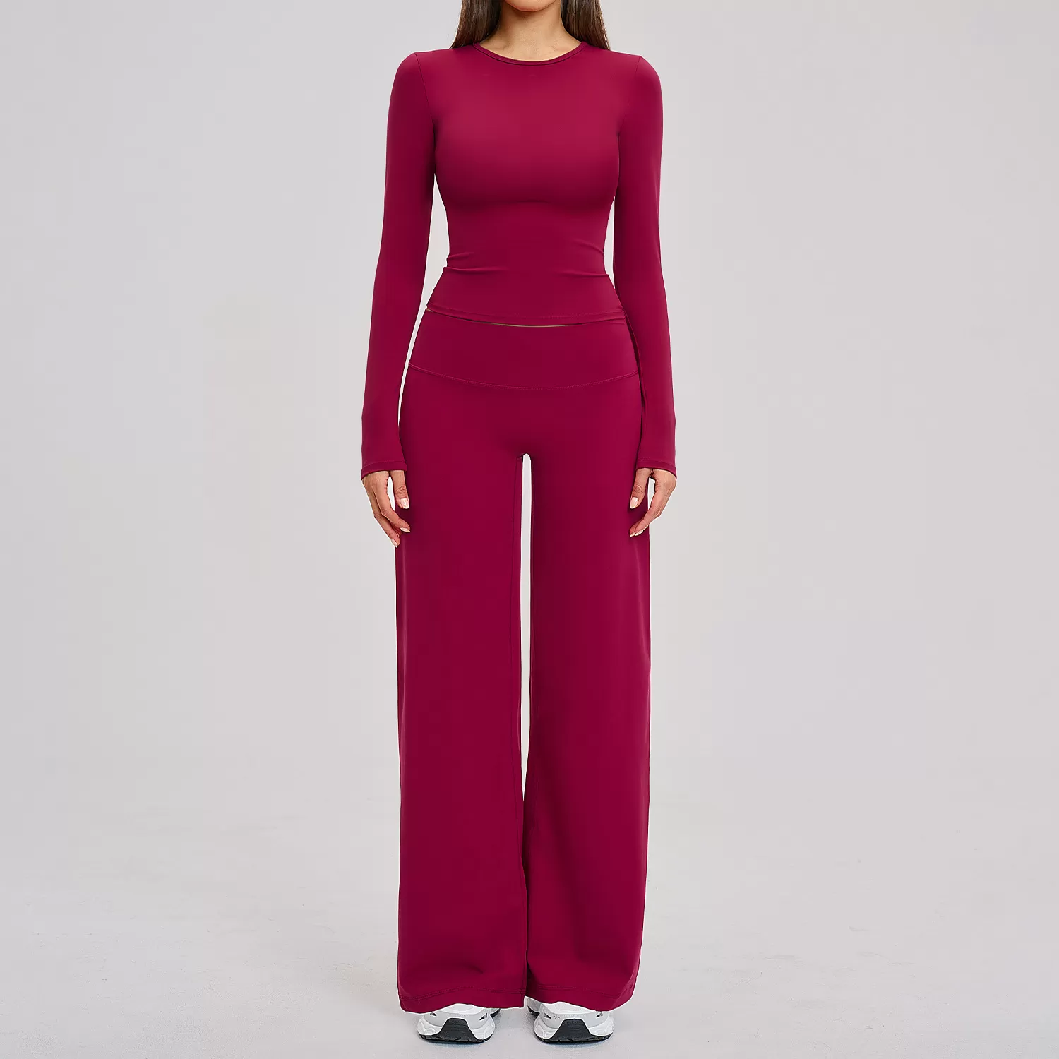 Solid Activewear Long Sleeves Pants 2-Piece Gym Set for Women Four-Way Stretch for Yoga FGBTZ8519