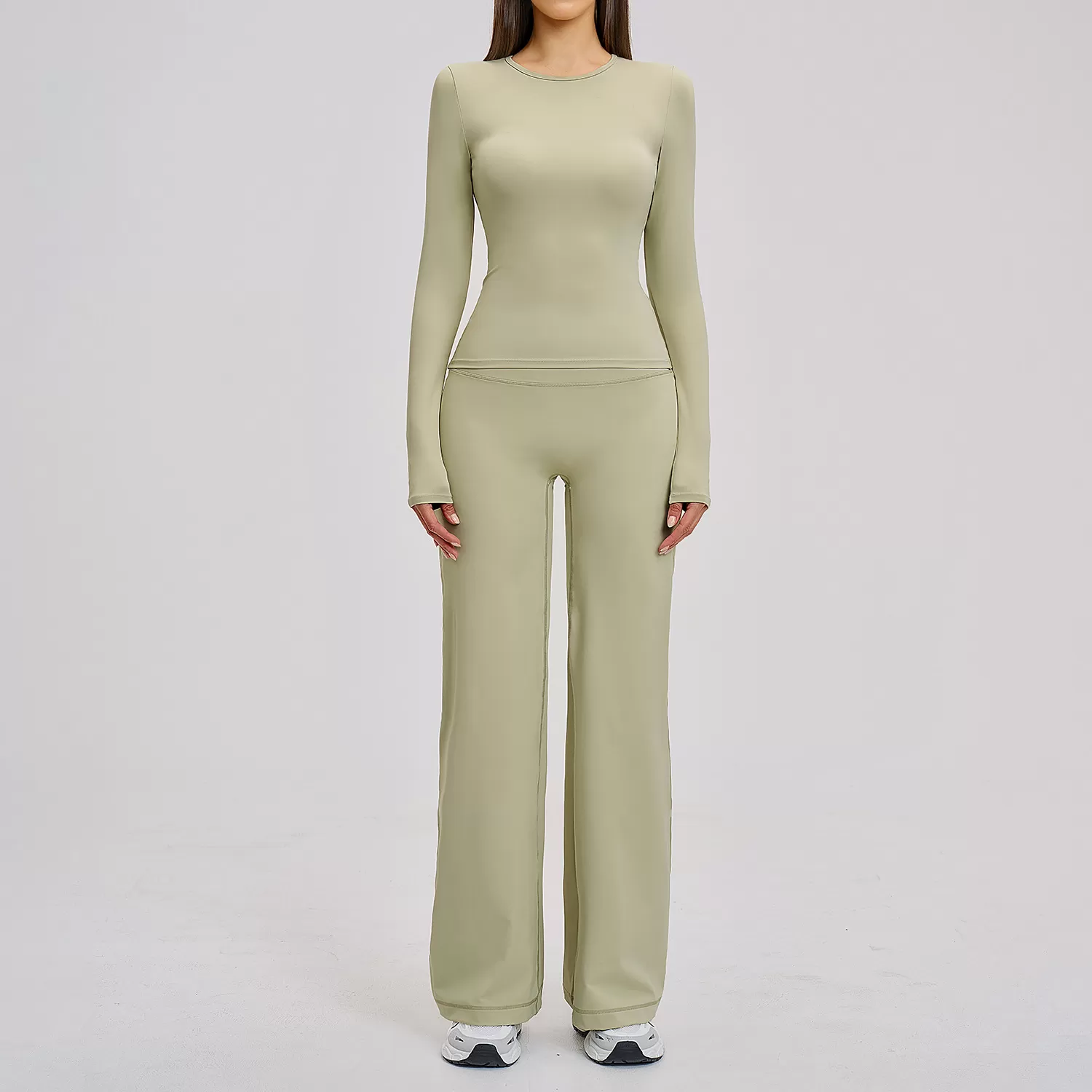 Solid Activewear Long Sleeves Pants 2-Piece Gym Set for Women Four-Way Stretch for Yoga FGBTZ8519