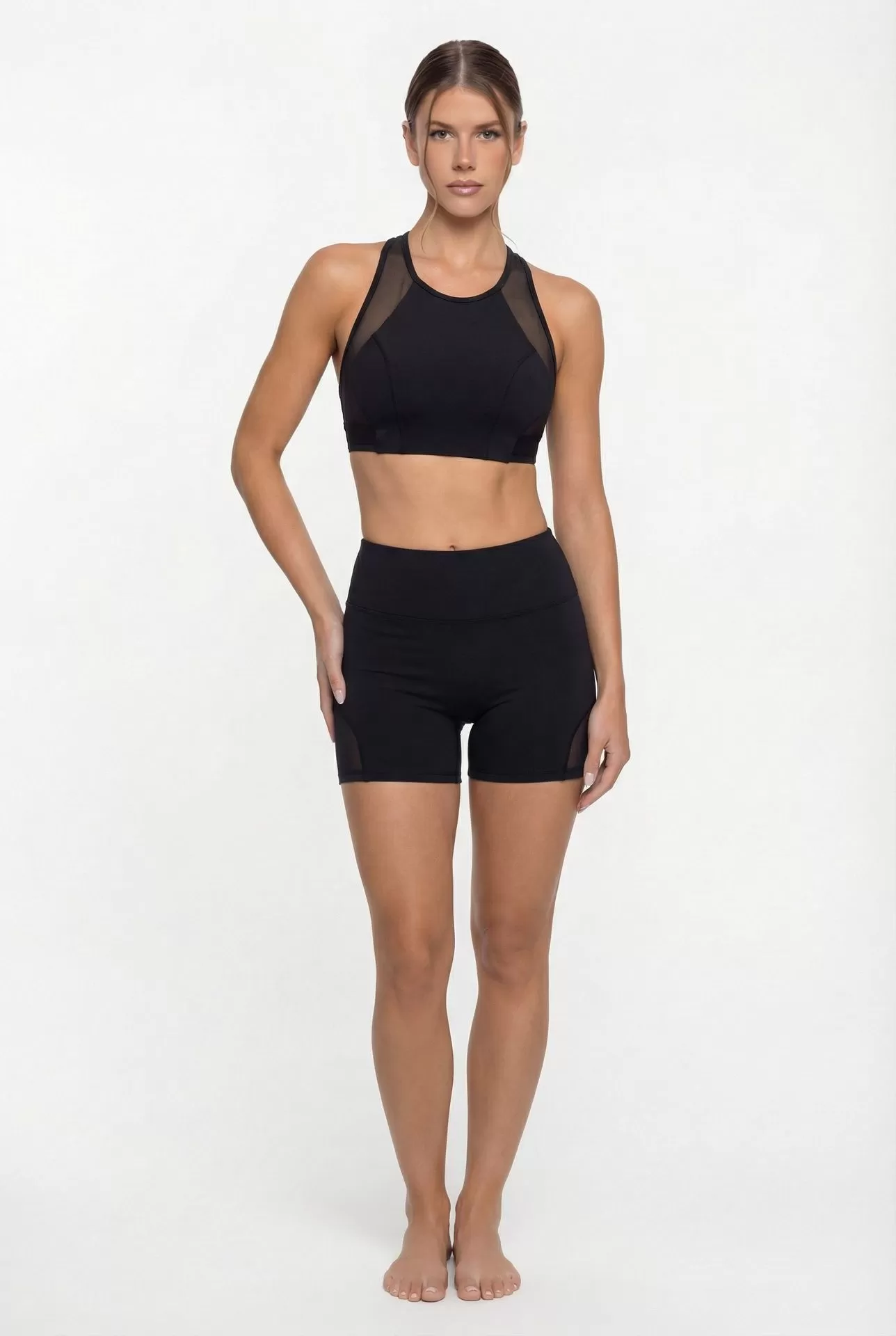 Activewear Mesh Style Bra Tops With Tight Hip Lifting Leggings Fitness Sports Pants Yoga Sets for Women FGB25126