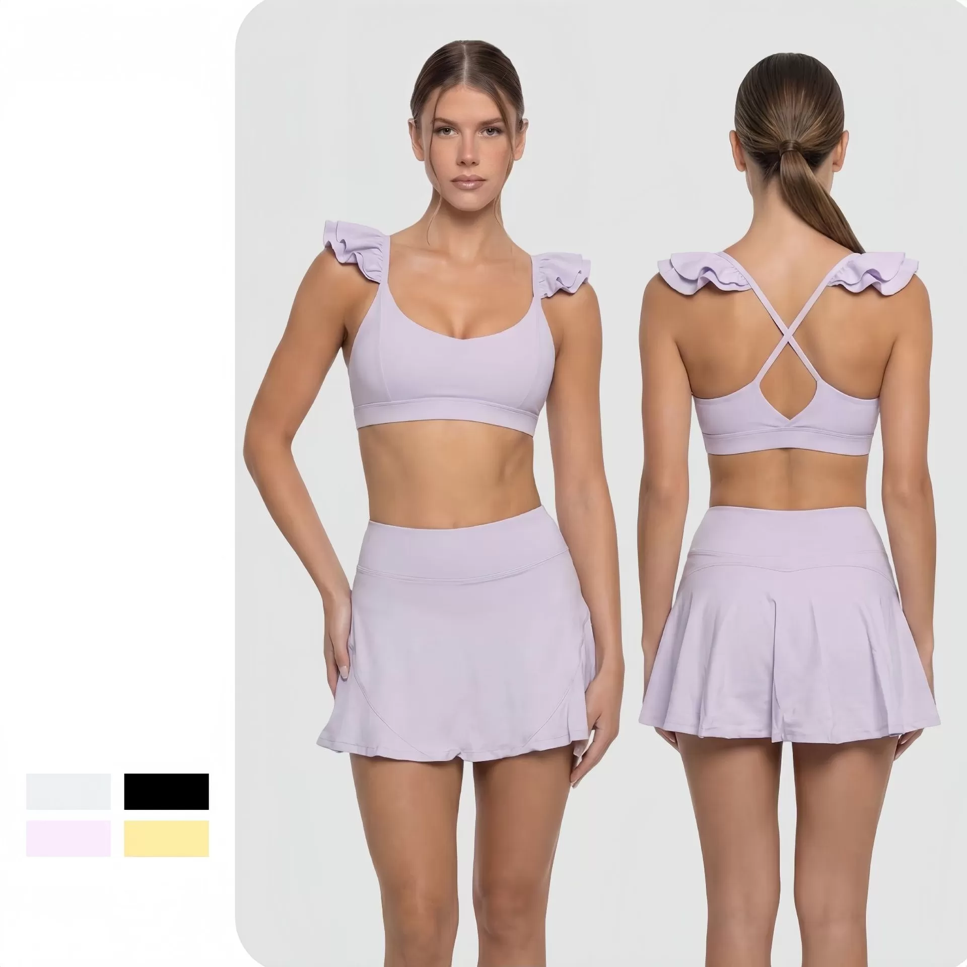 Women's Workout Gym Sports Activewear High Waist Four-Way Stretch Yoga Bra Skirt 2-Piece Breathable Set FGBFNK-6604