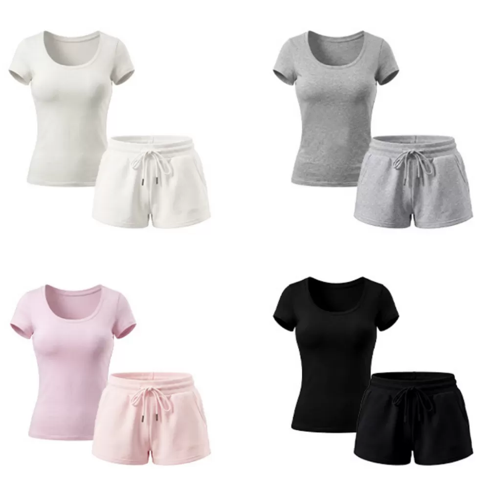 Casual Solid Shorts Sets Women Top Two Piece and Drawstring Shorts Sportswear Set FGB26025#36035#