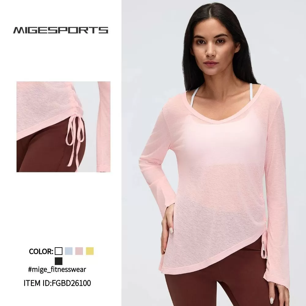 New Yoga Smock Long Sleeve Cover Buttock Women Fold Drawstring T-shirt Loose Casual Autumn Fitness Top FGBD26100