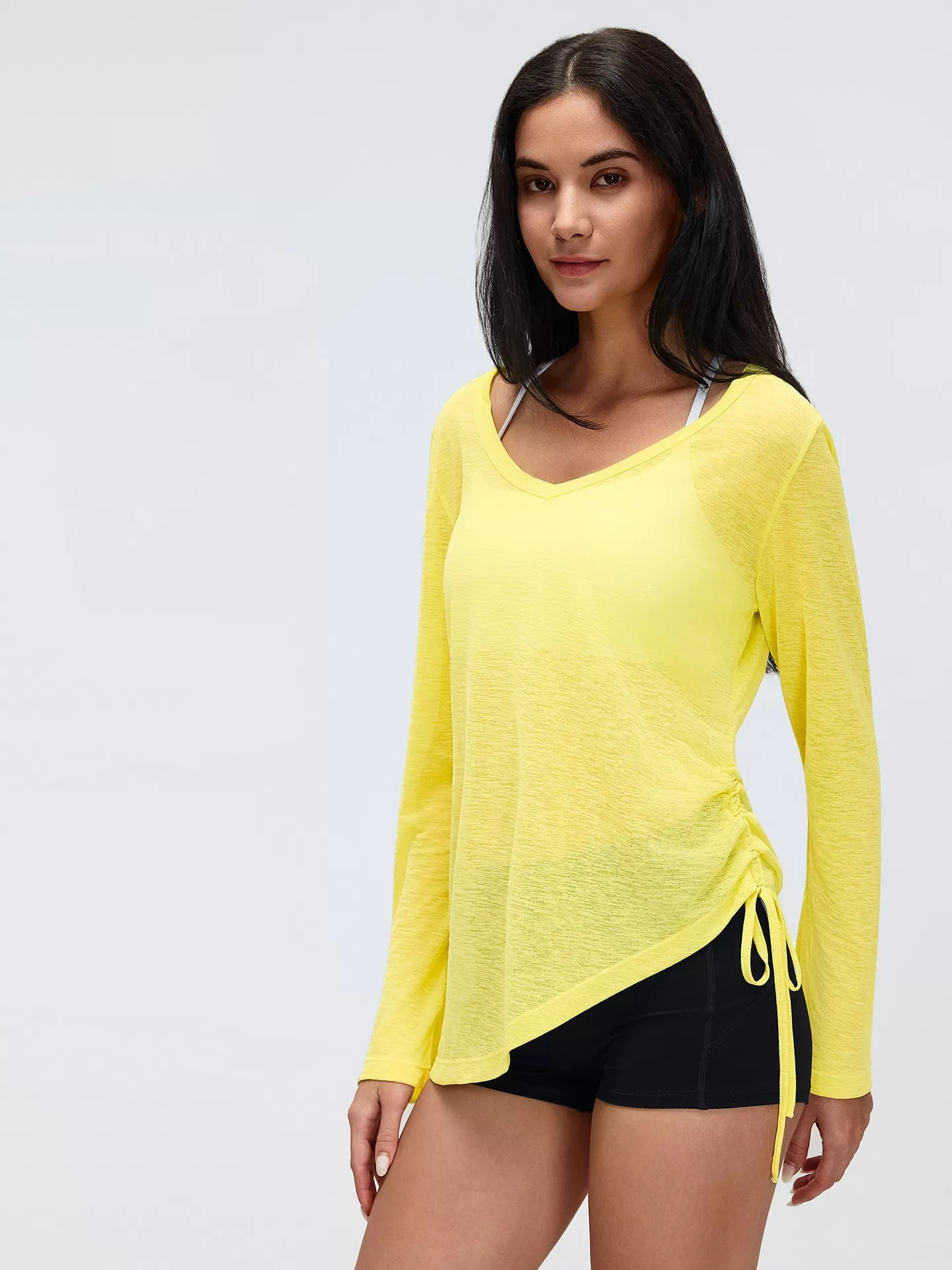 New Yoga Smock Long Sleeve Cover Buttock Women Fold Drawstring T-shirt Loose Casual Autumn Fitness Top FGBD26100