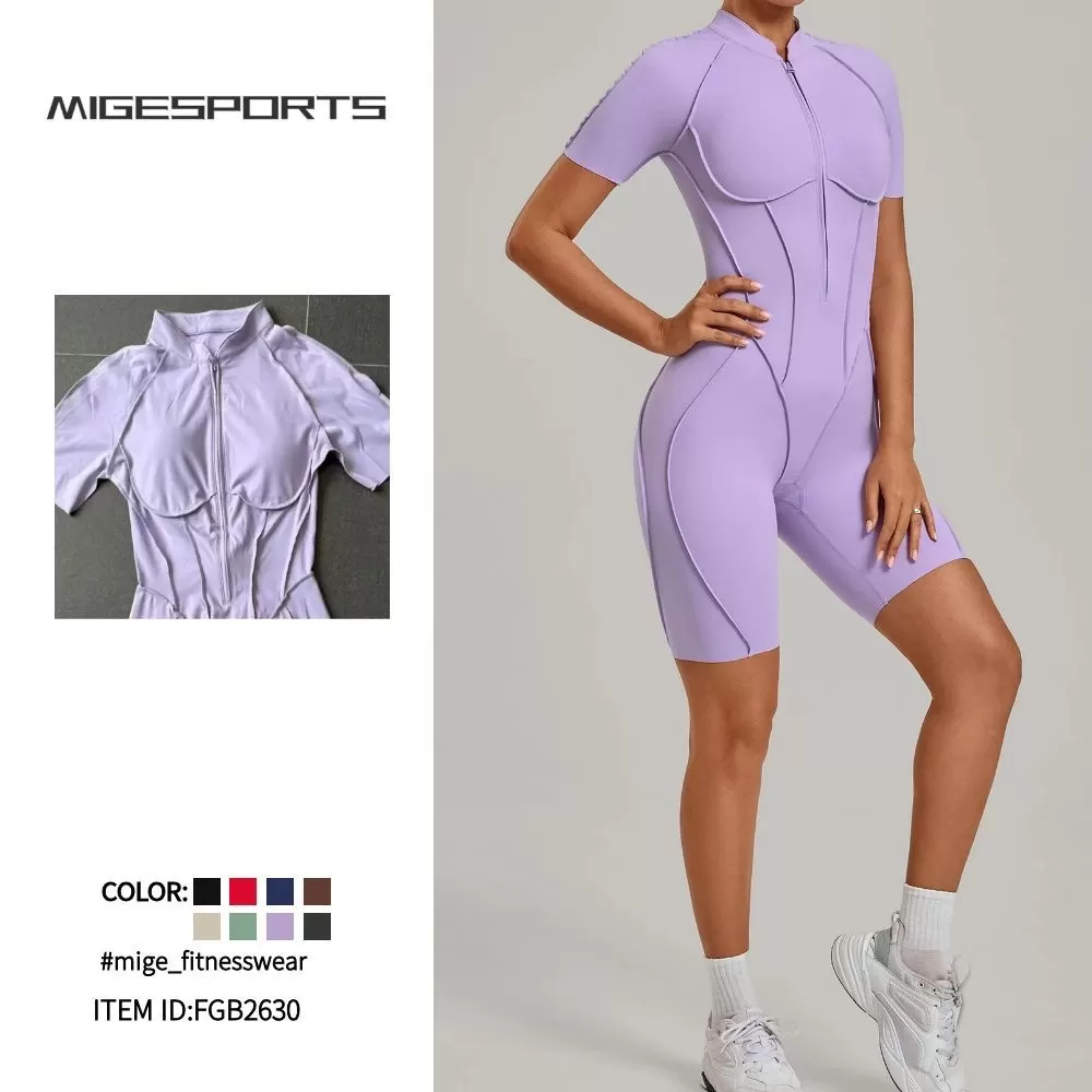 Gym One Piece Yoga Half Zipper Short Sleeve Fitness Jumpsuit for Women FGB2630