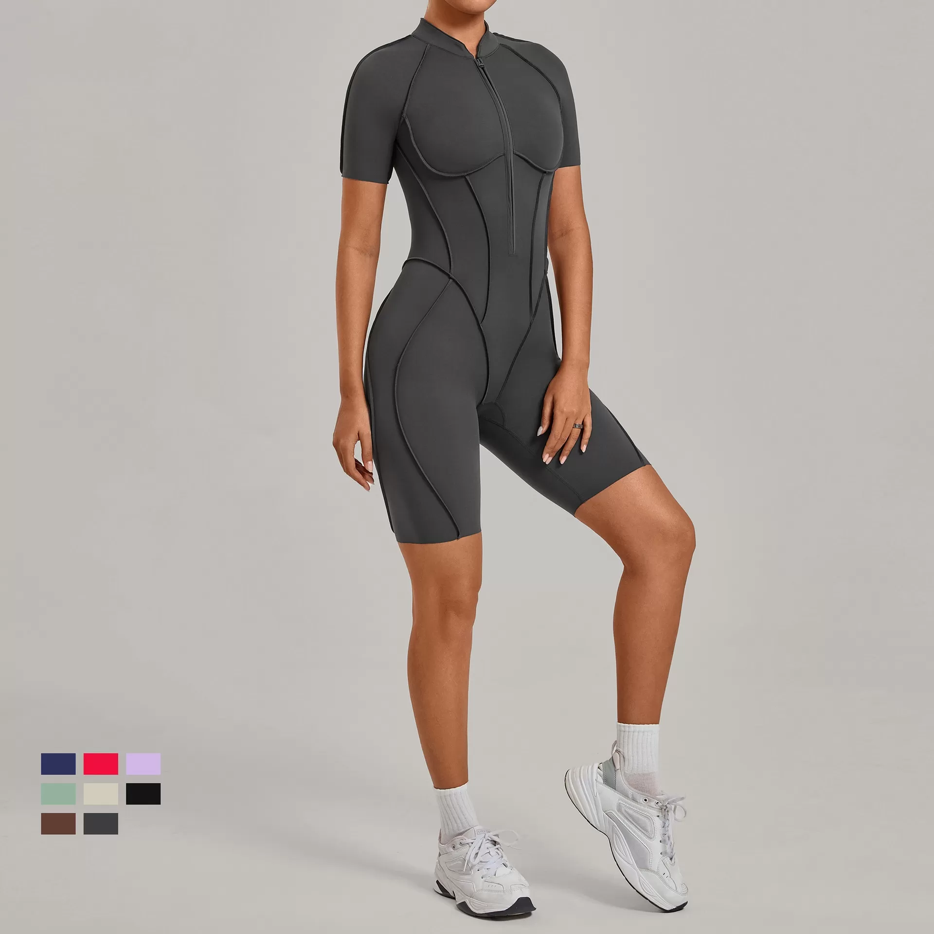 Gym One Piece Yoga Half Zipper Short Sleeve Fitness Jumpsuit for Women FGB2630