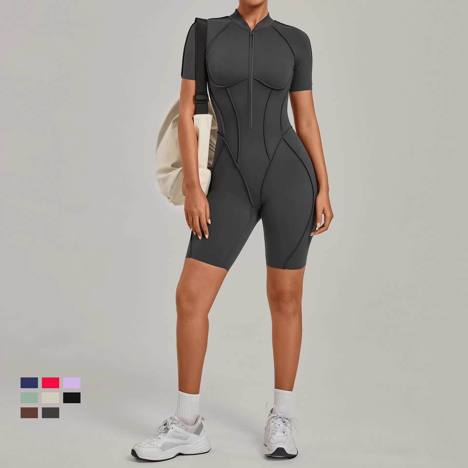 Gym One Piece Yoga Half Zipper Short Sleeve Fitness Jumpsuit for Women FGB2630