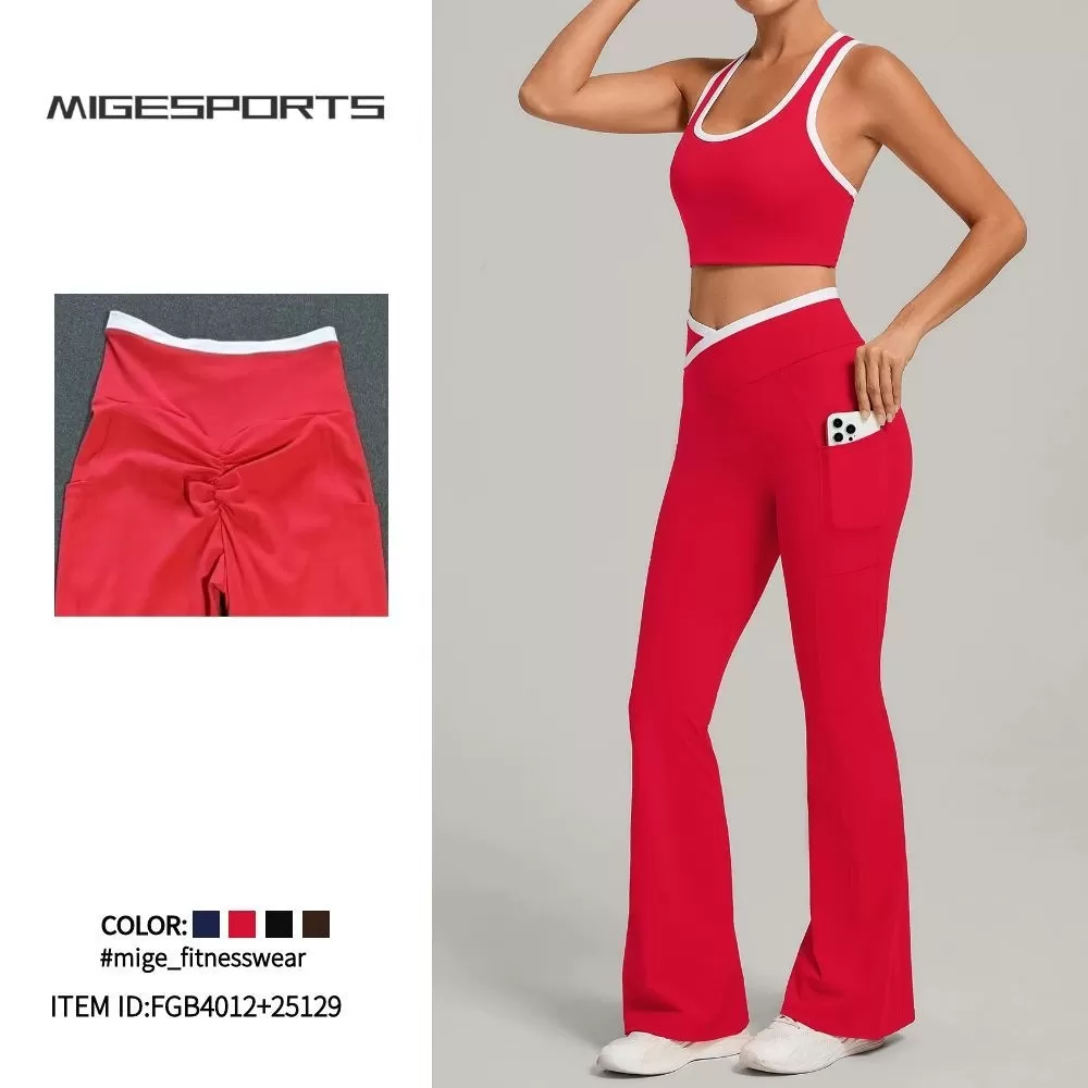 New Design Yoga Set Nylon Spandex Soft Fabric Activewear Singlets Top Bell-bottom Pants FGB4012+25129