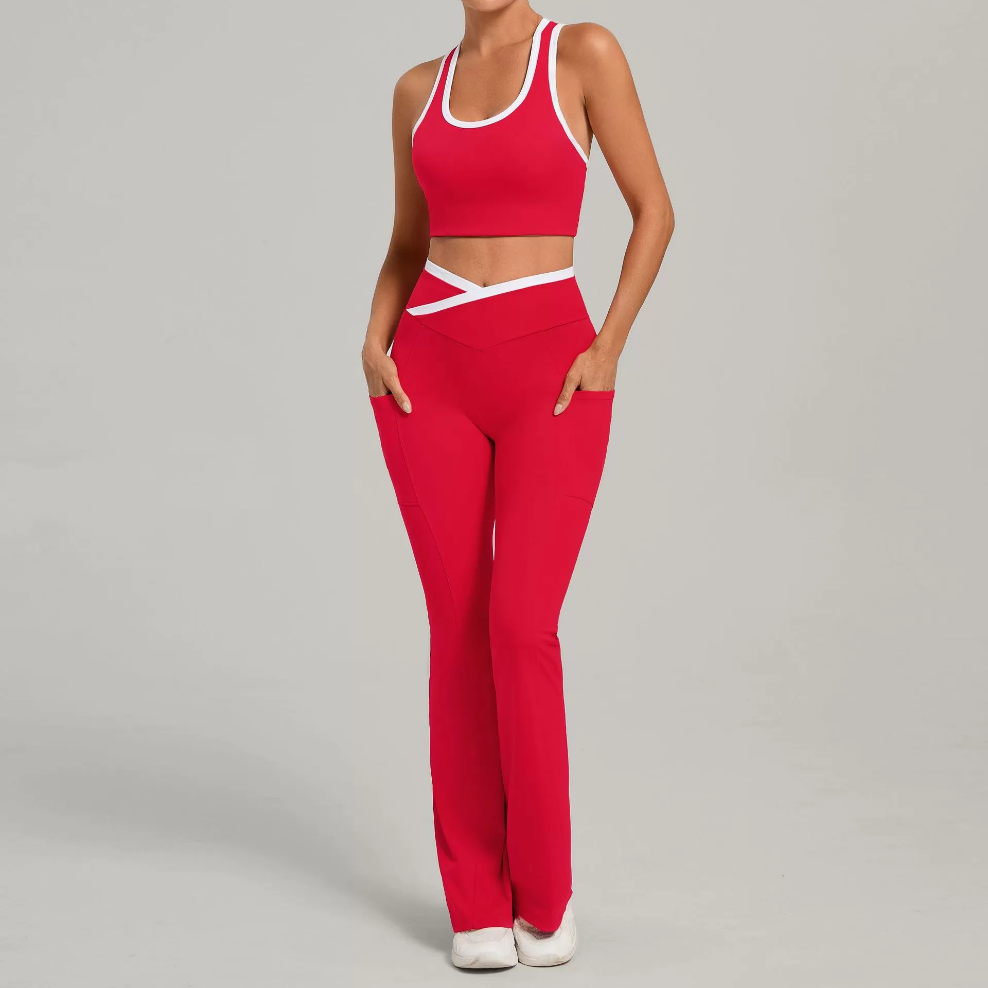 New Design Yoga Set Nylon Spandex Soft Fabric Activewear Singlets Top Bell-bottom Pants FGB4012+25129