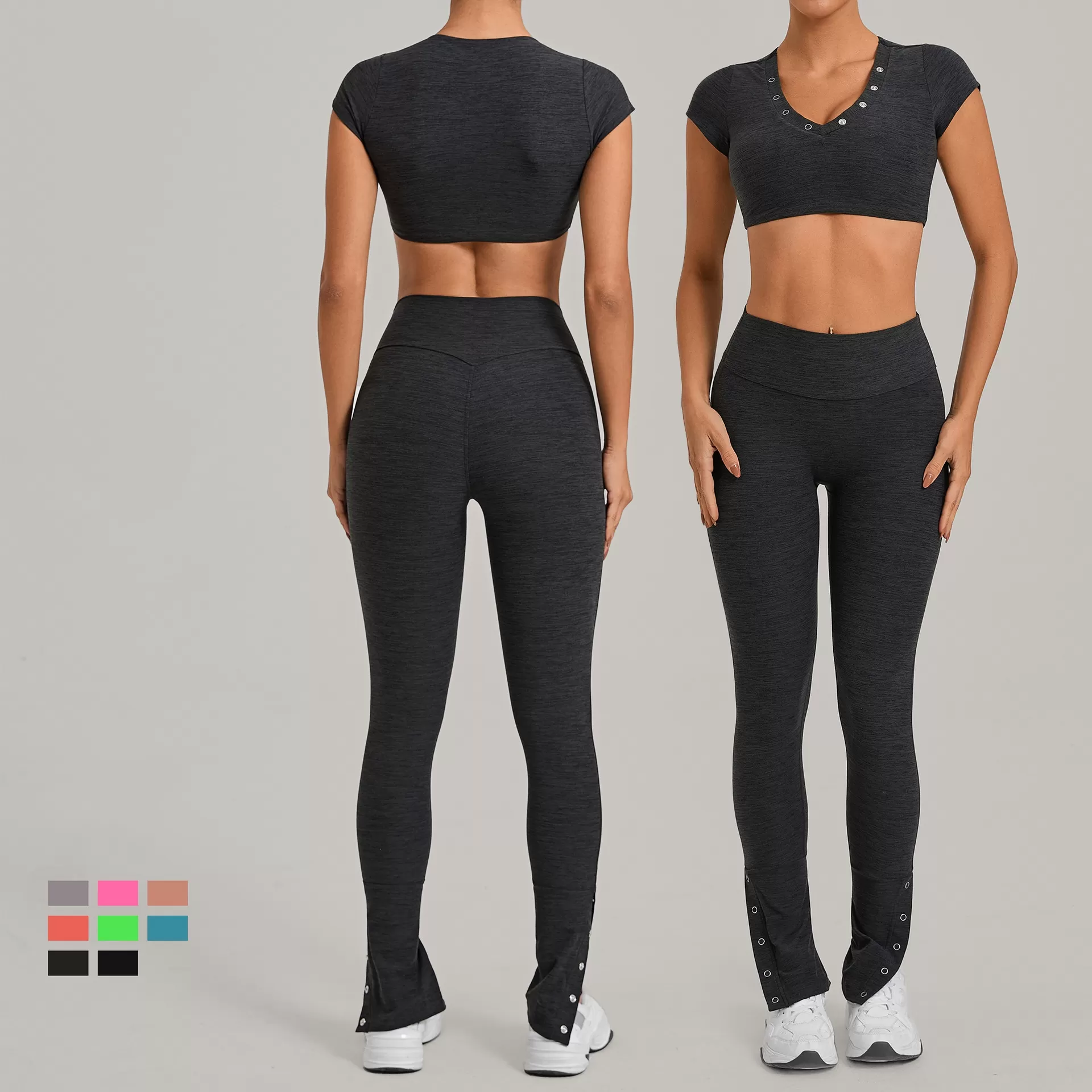 Women Activewear Short Sleeve Running Shirt Top High Waist Leggings Bell-bottom Pants Workout Yoga Set for Athletic Gym FGB10265+29082