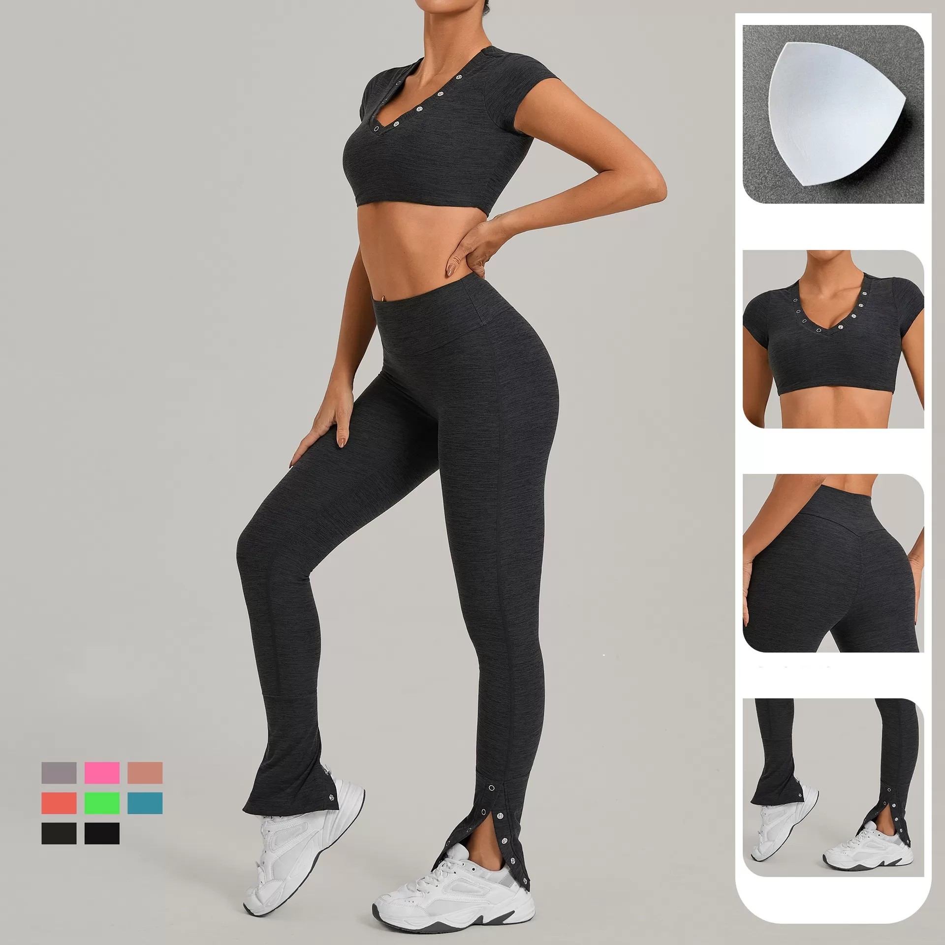 Women Activewear Short Sleeve Running Shirt Top High Waist Leggings Bell-bottom Pants Workout Yoga Set for Athletic Gym FGB10265+29082
