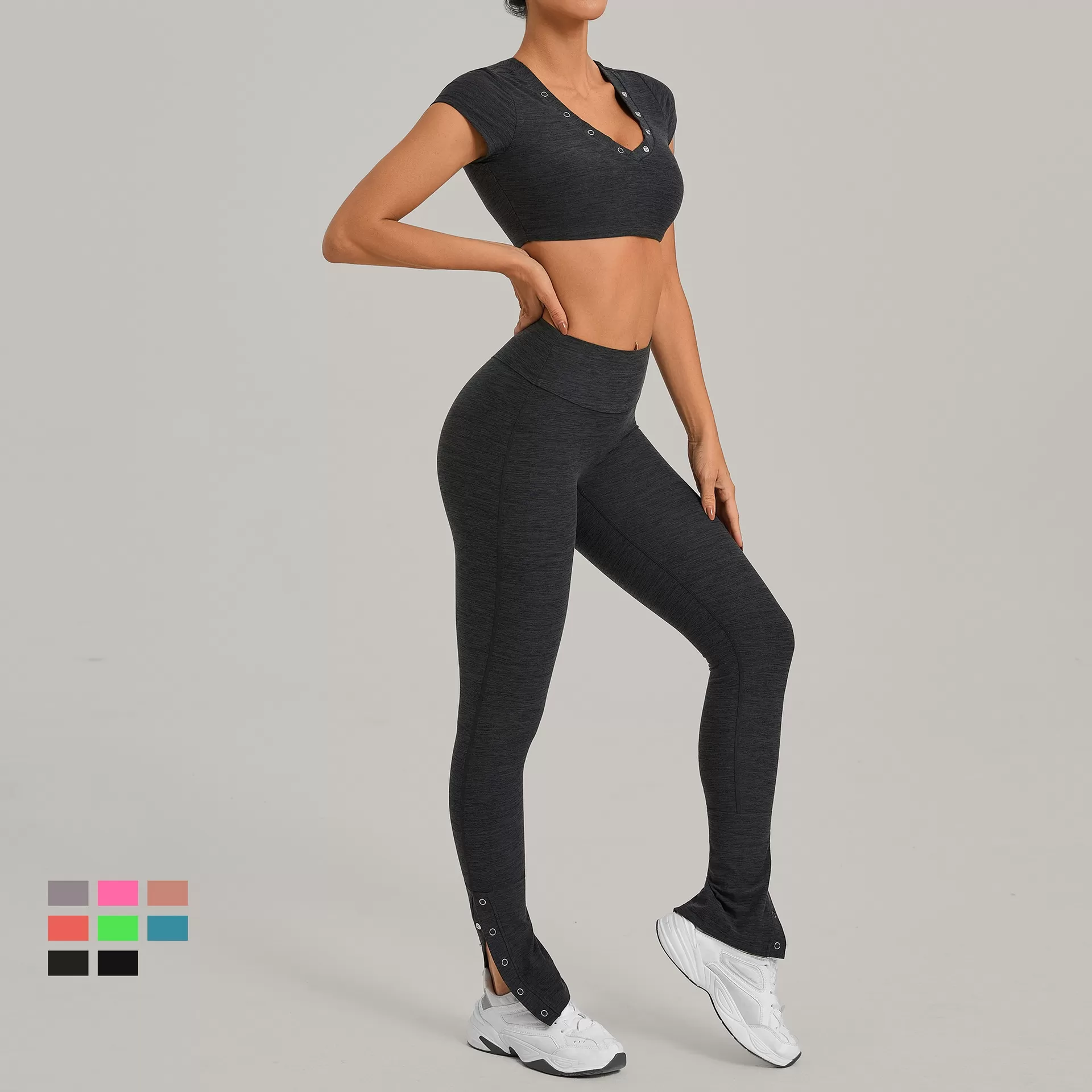 Women Activewear Short Sleeve Running Shirt Top High Waist Leggings Bell-bottom Pants Workout Yoga Set for Athletic Gym FGB10265+29082