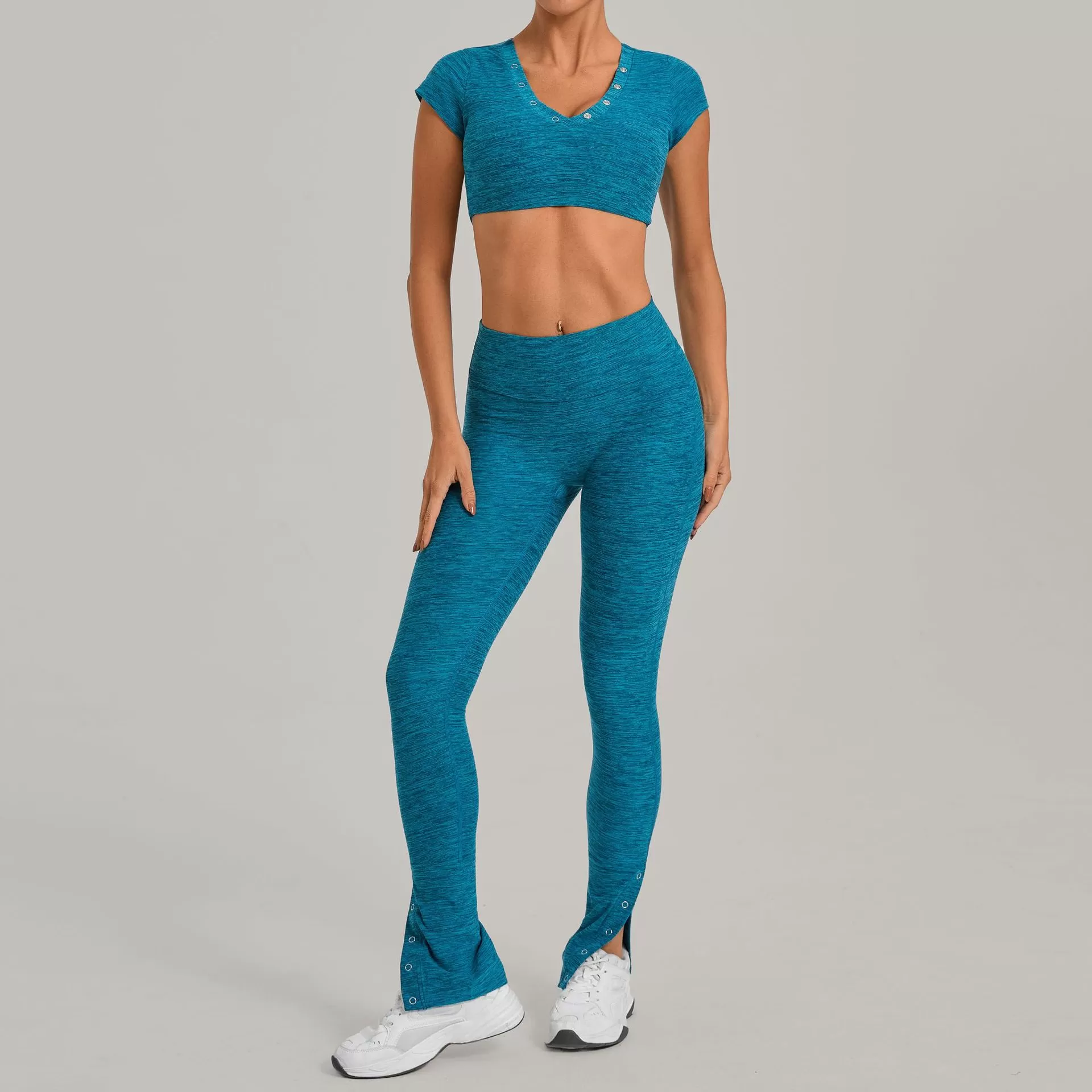 Women Activewear Short Sleeve Running Shirt Top High Waist Leggings Bell-bottom Pants Workout Yoga Set for Athletic Gym FGB10265+29082