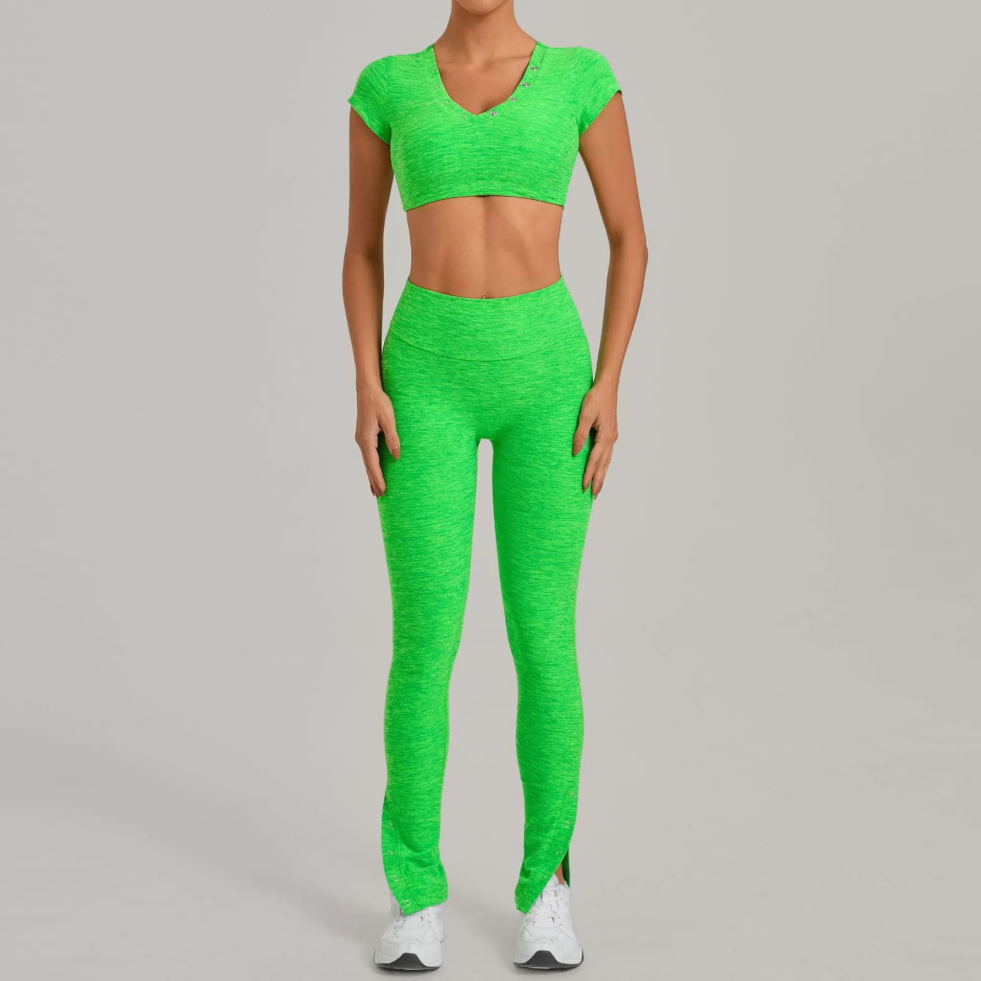 Women Activewear Short Sleeve Running Shirt Top High Waist Leggings Bell-bottom Pants Workout Yoga Set for Athletic Gym FGB10265+29082