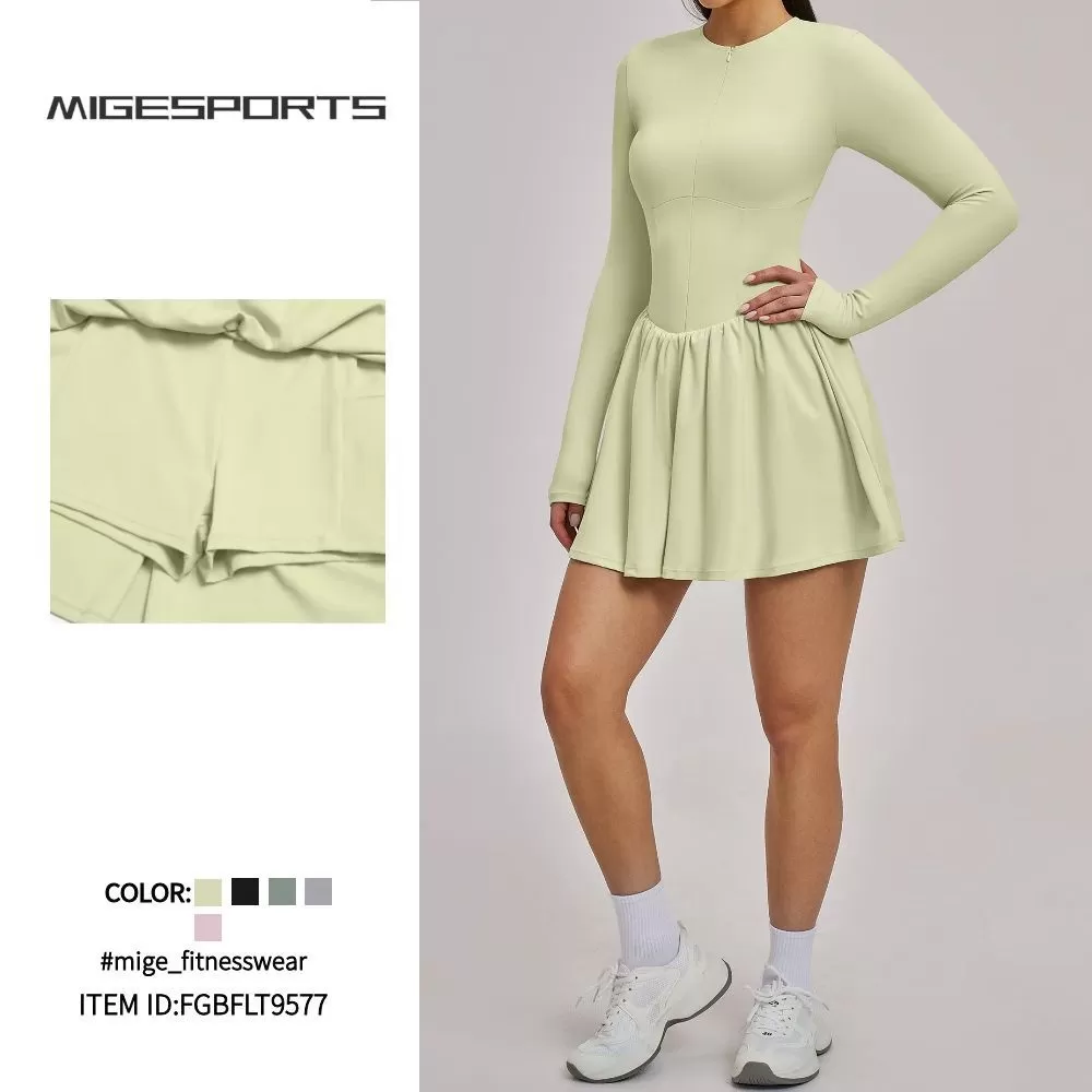 Long Sleeve Tennis Dress High Elastic Yoga Dress Sexy One Piece Gym Dress for Women FGBFLT9577