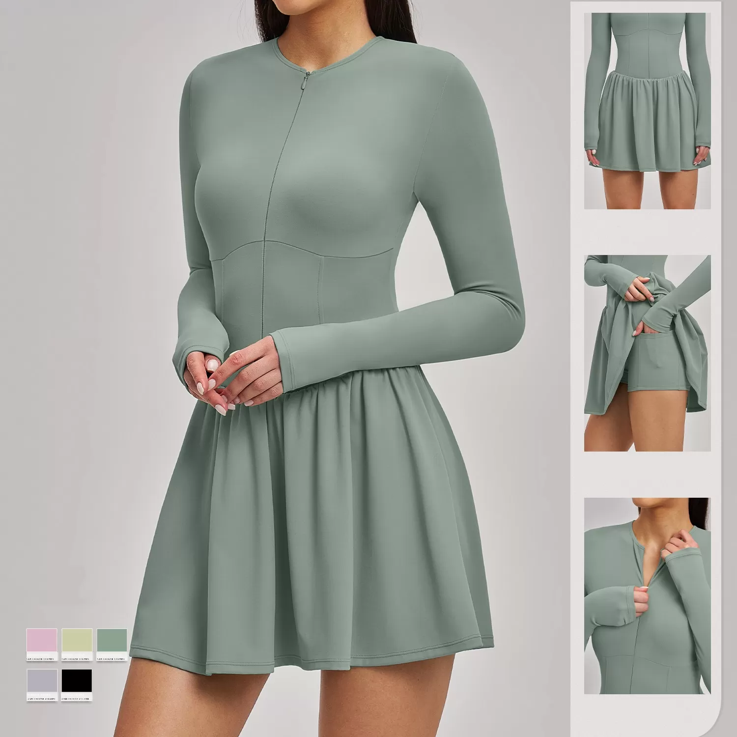 Long Sleeve Tennis Dress High Elastic Yoga Dress Sexy One Piece Gym Dress for Women FGBFLT9577