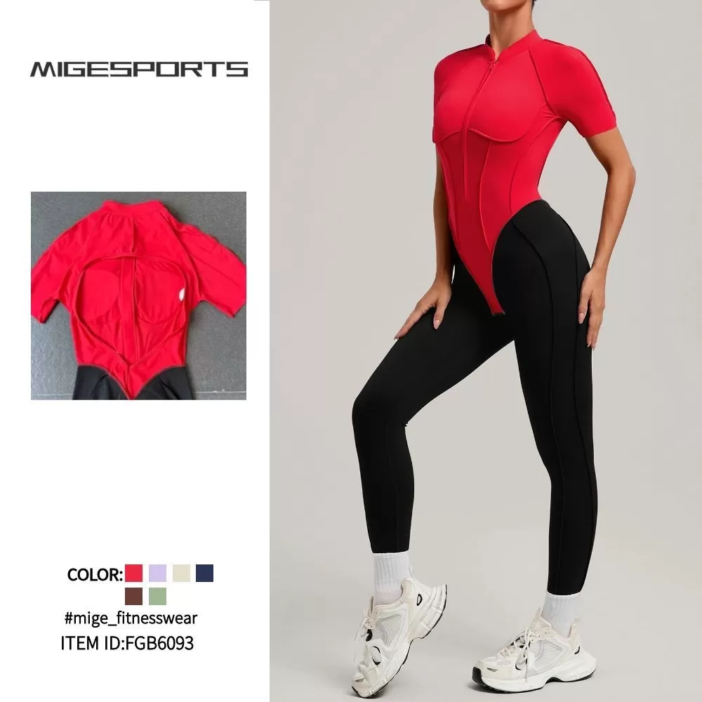One Piece Bodysuit Women Zipper Short Sleeve Active Suit Dance Fitness Sport Wear Tight Open Collar Yoga Jumpsuits FGB6093