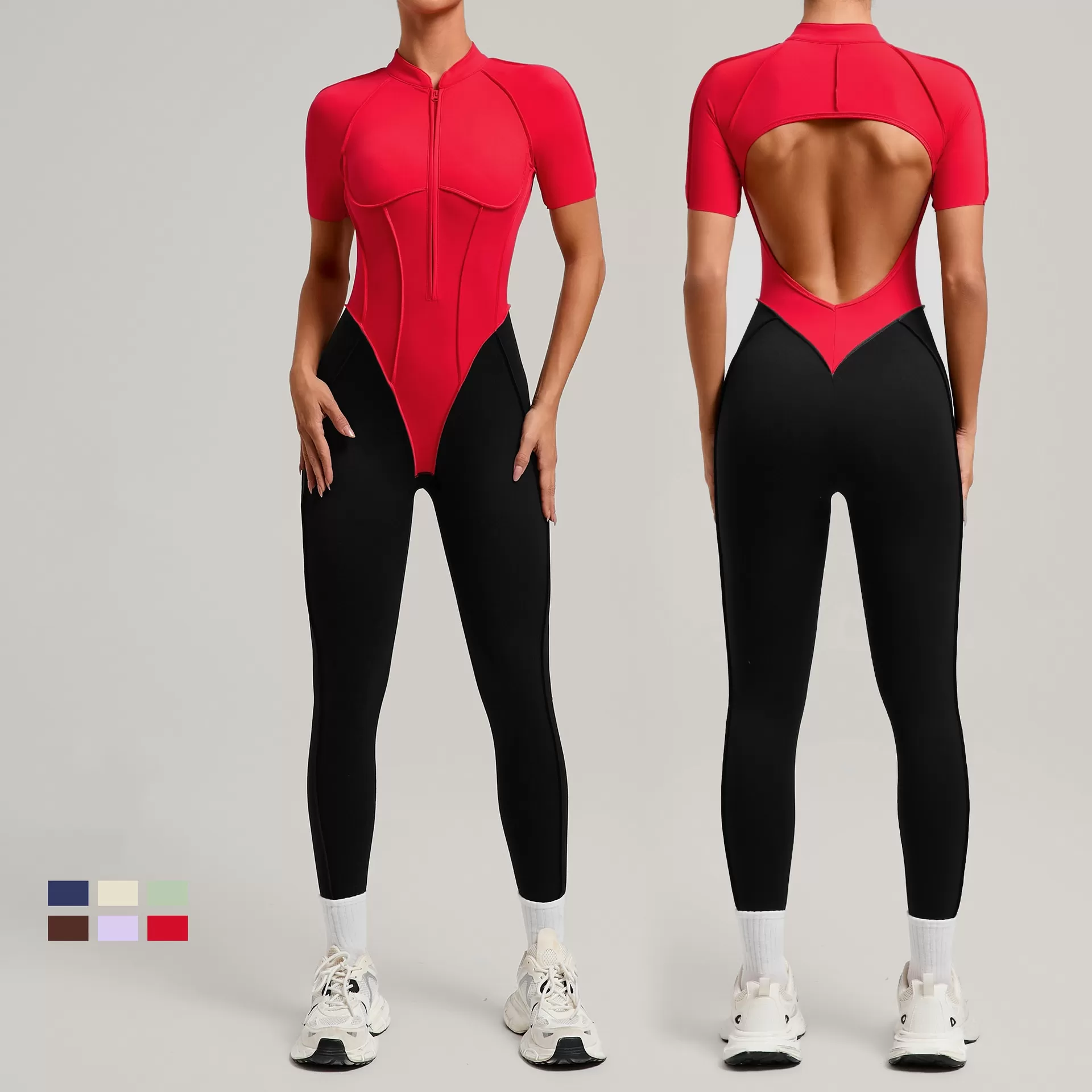 One Piece Bodysuit Women Zipper Short Sleeve Active Suit Dance Fitness Sport Wear Tight Open Collar Yoga Jumpsuits FGB6093