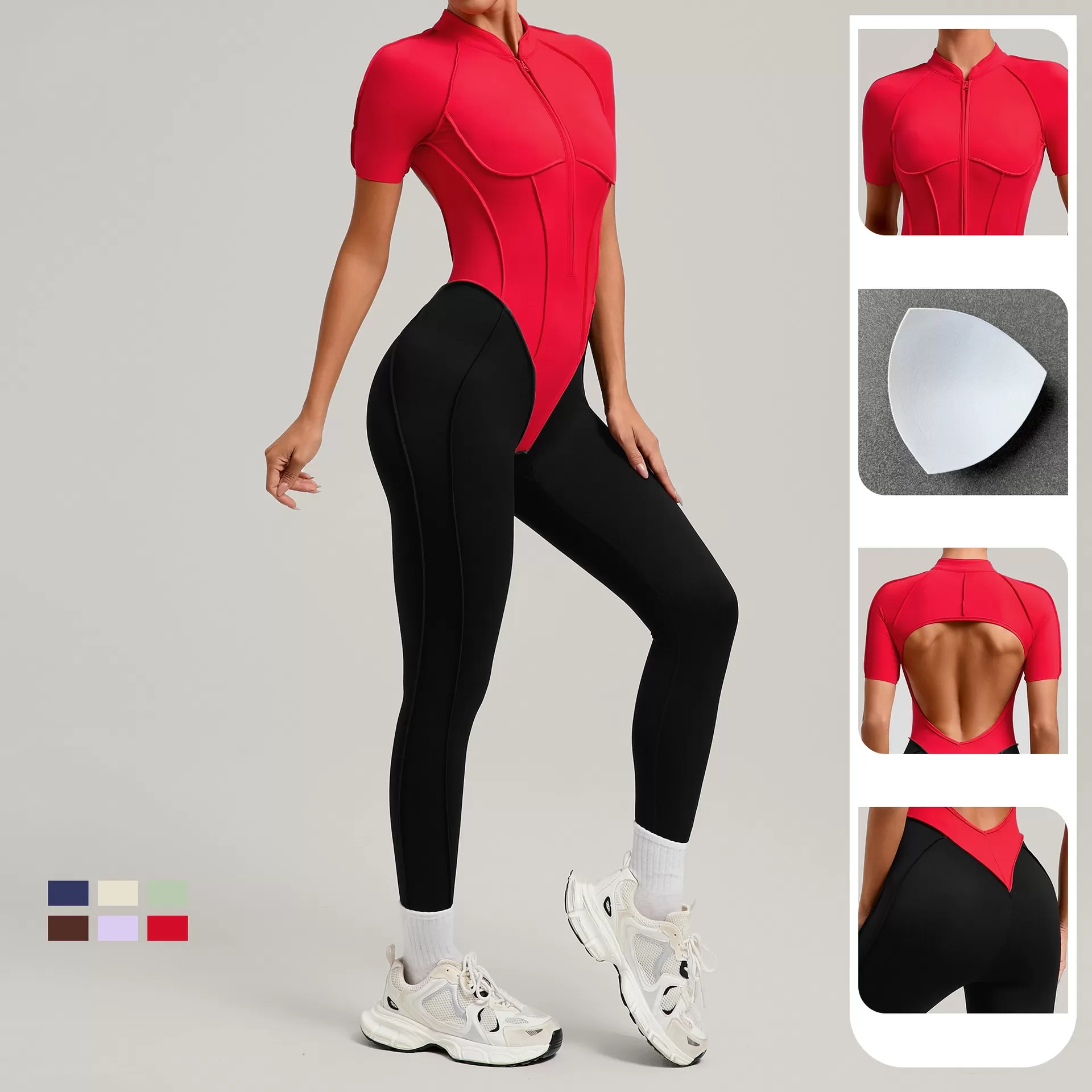 One Piece Bodysuit Women Zipper Short Sleeve Active Suit Dance Fitness Sport Wear Tight Open Collar Yoga Jumpsuits FGB6093