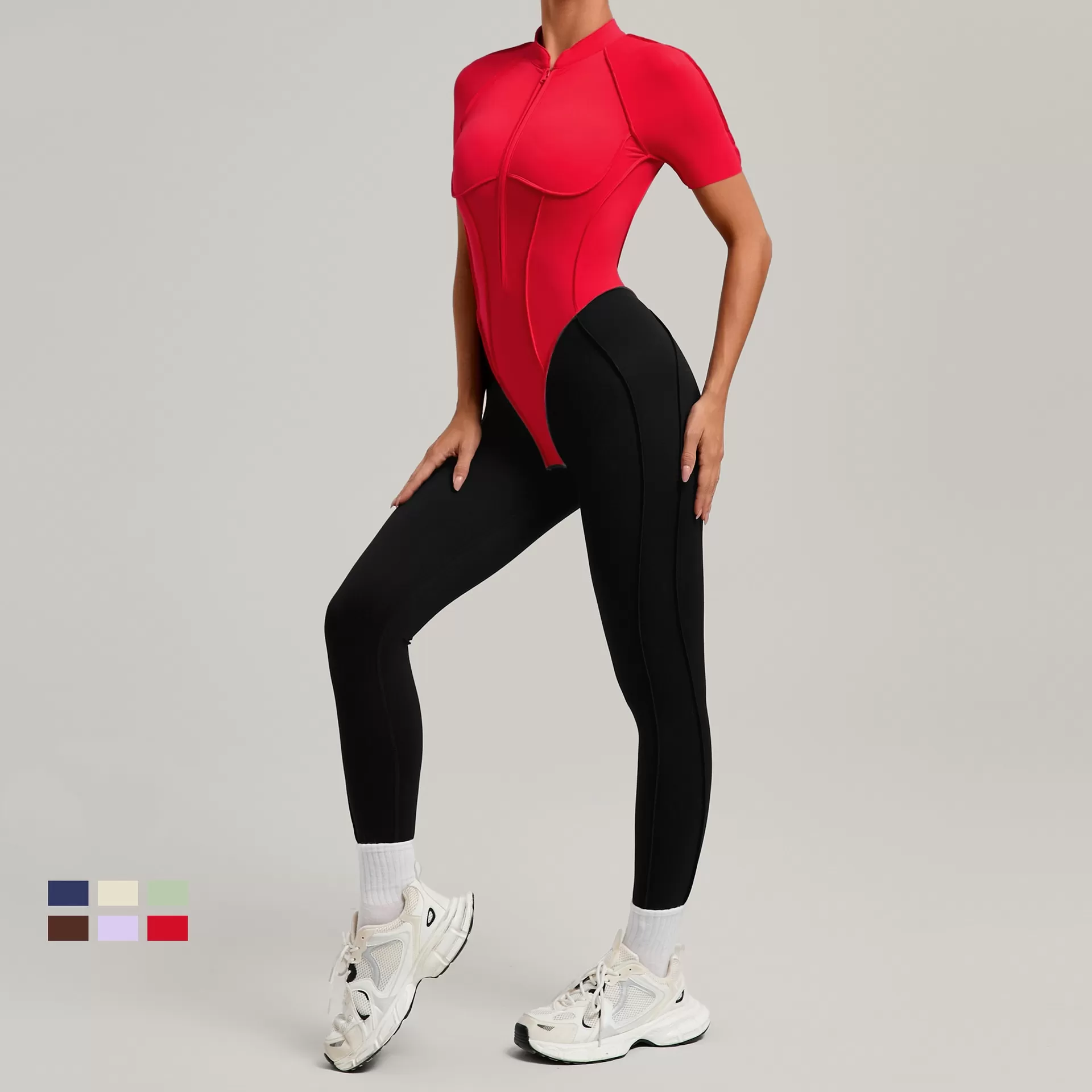 One Piece Bodysuit Women Zipper Short Sleeve Active Suit Dance Fitness Sport Wear Tight Open Collar Yoga Jumpsuits FGB6093