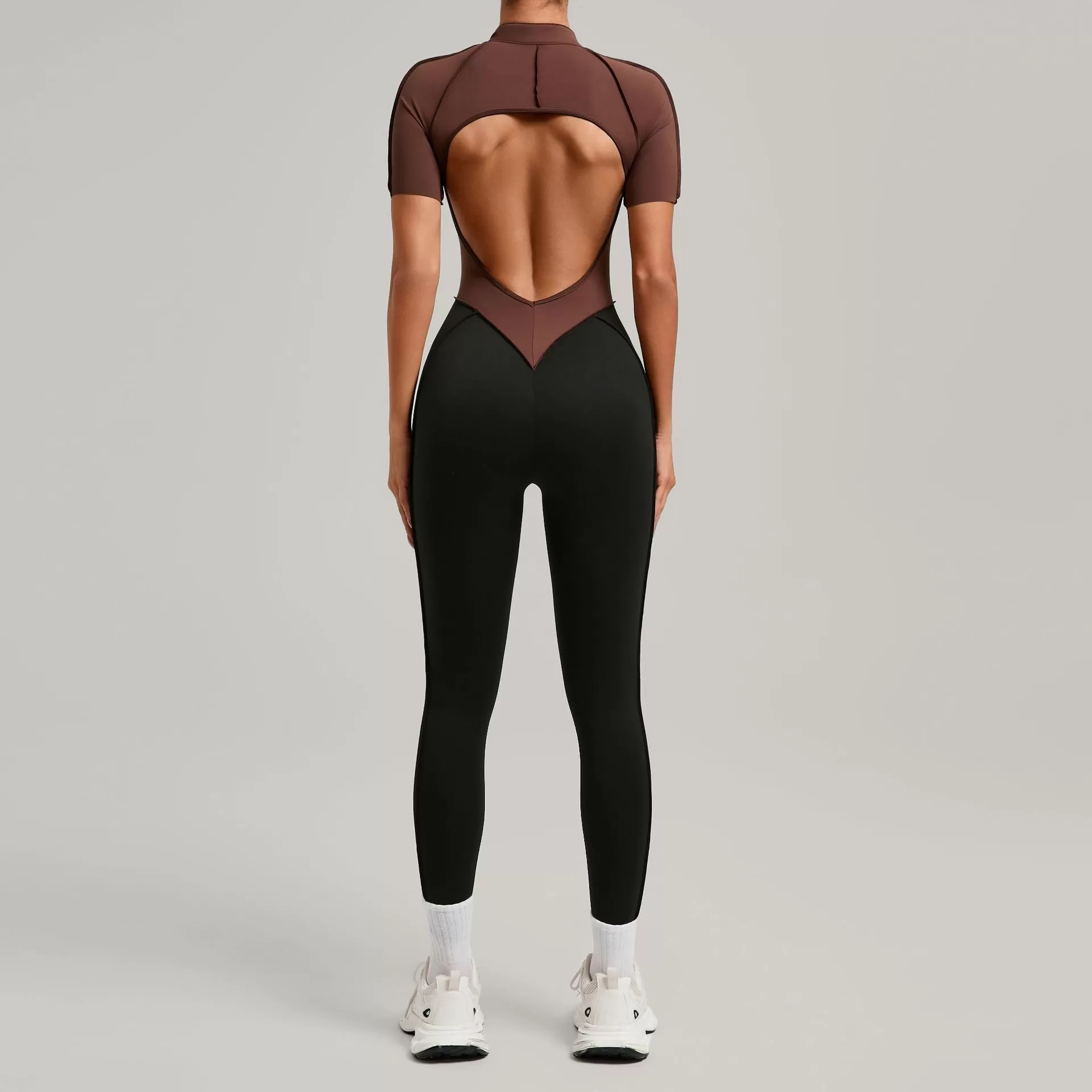 One Piece Bodysuit Women Zipper Short Sleeve Active Suit Dance Fitness Sport Wear Tight Open Collar Yoga Jumpsuits FGB6093