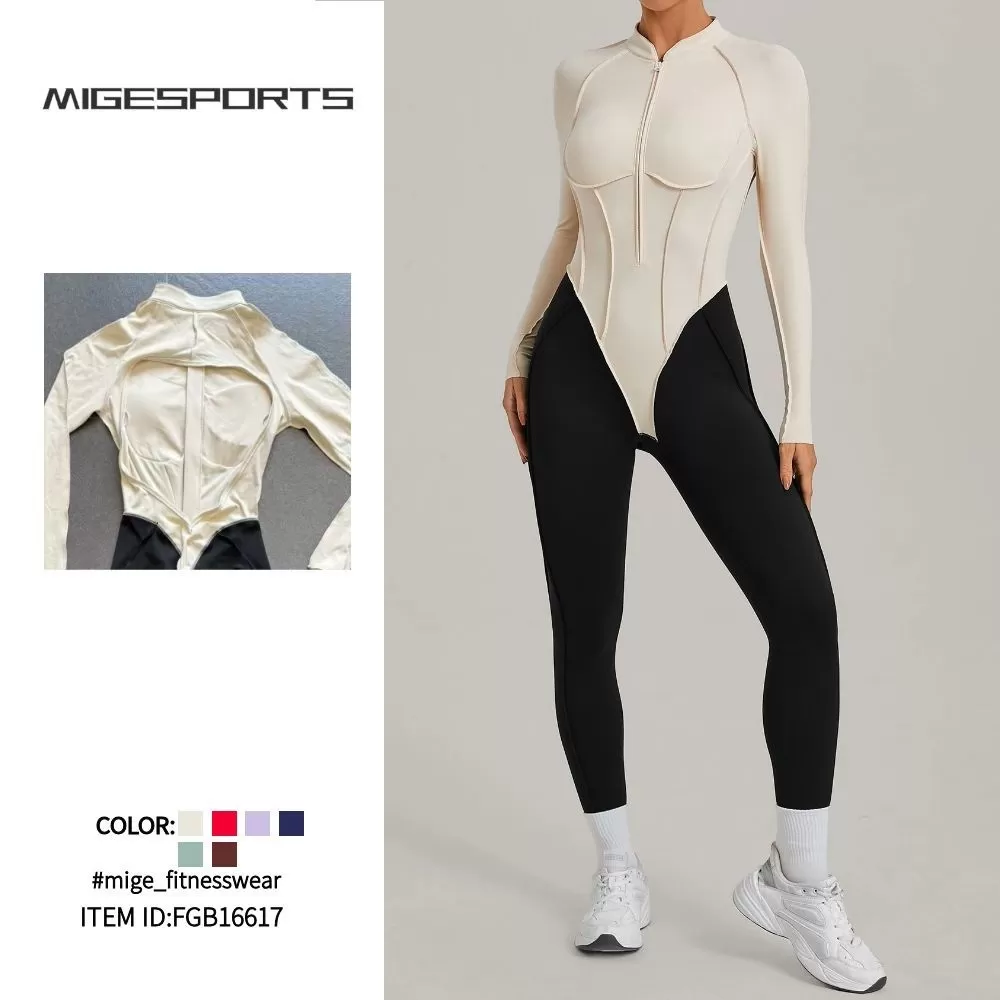 One Piece Spandex Women's Long Sleeve Yoga Sports Jumpsuits Gym Workout Jumpsuit With Zip FGB16617