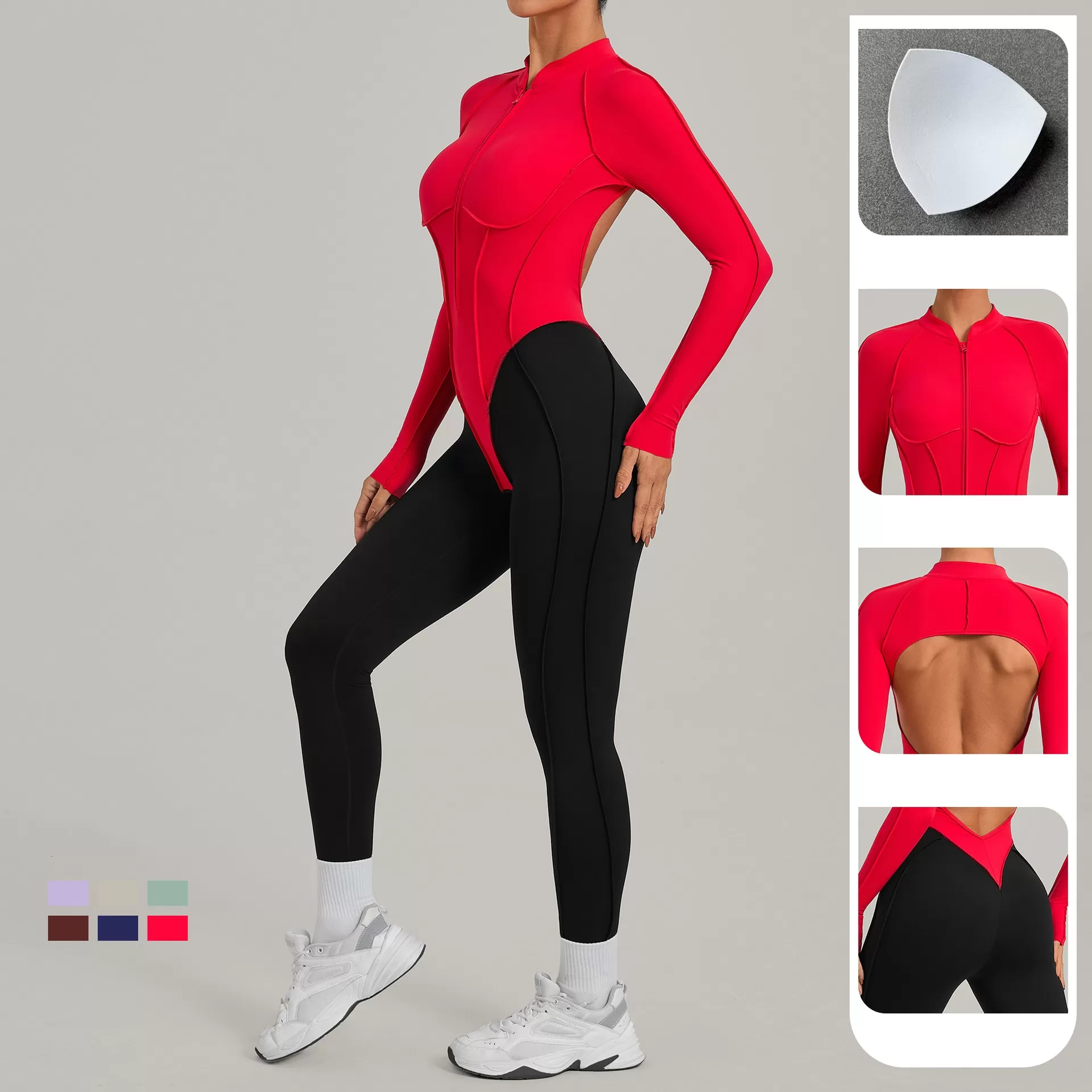 One Piece Spandex Women's Long Sleeve Yoga Sports Jumpsuits Gym Workout Jumpsuit With Zip FGB16617