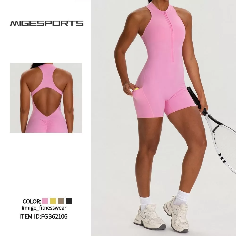 New Yoga Jumpsuit One Piece Shorts Set Spring High-intensity Exercise Bodysuit With Zipper Gym Fitness FGB62106