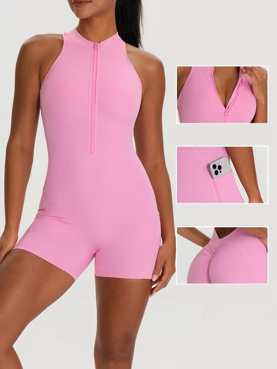 New Yoga Jumpsuit One Piece Shorts Set Spring High-intensity Exercise Bodysuit With Zipper Gym Fitness FGB62106