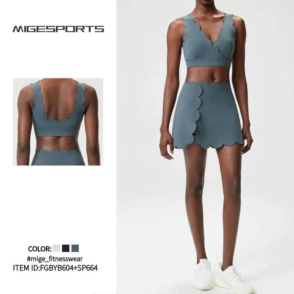 Women's Activewear Sport Crop Top Breathable Workout Bra Elastic Fitness Skirts 2 Piece Gym Yoga Sets FGBYB604+SP664