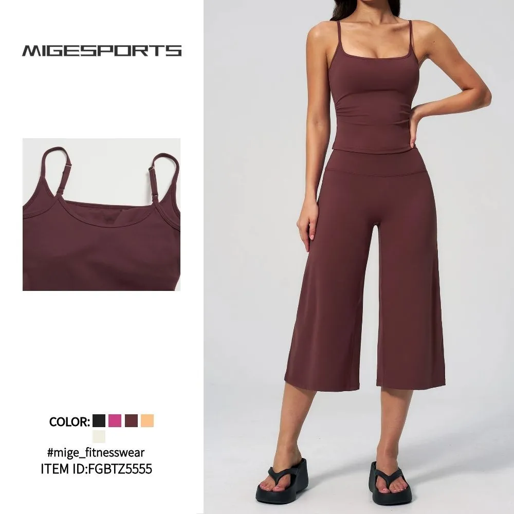 Women's Yoga 3/4 Length Pants Set Spandex/Nylon Solid Breathable Activewear 2-Piece Set FGBTZ5555