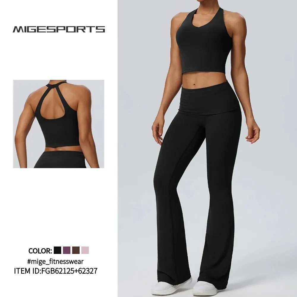 High Quality Quick Drying Breathable Yoga Sets Solid Color Backless Gym Clothing Sports Yoga Set FGB62125+62327