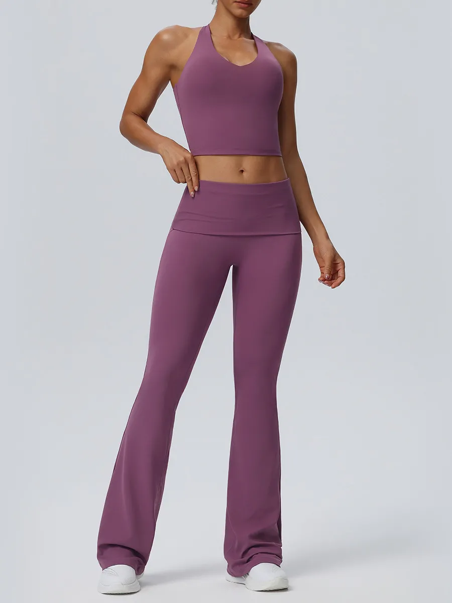 High Quality Quick Drying Breathable Yoga Sets Solid Color Backless Gym Clothing Sports Yoga Set FGB62125+62327