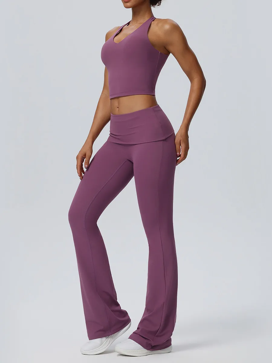 High Quality Quick Drying Breathable Yoga Sets Solid Color Backless Gym Clothing Sports Yoga Set FGB62125+62327