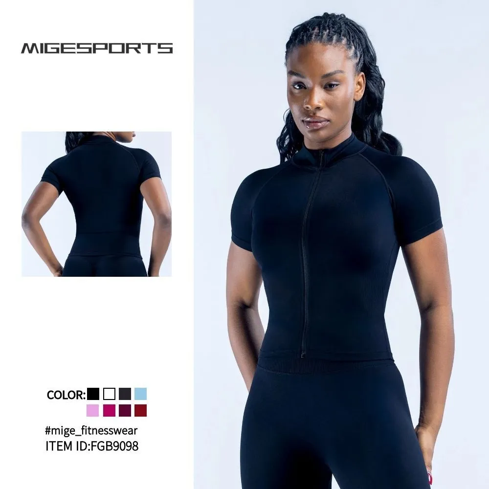 Wholesale Women Gym Fitness Sports Workout Yoga Clothes Seamless Zipper Short Sleeve FGB9098