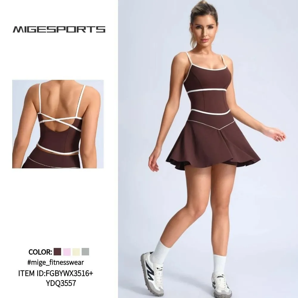 Breathable Sports Set Short Length Yoga Wear Singlets Top Tennis Skirt Built-in Shorts Front Yoga Set FGBYWX3516+YDQ3557