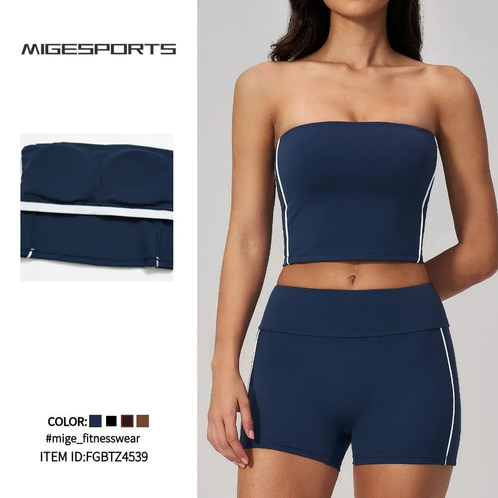 Yoga Set 2 Piece Crop Top & Shorts Solid Color Strapless Sportswear for Women Yoga Set FGBTZ4539