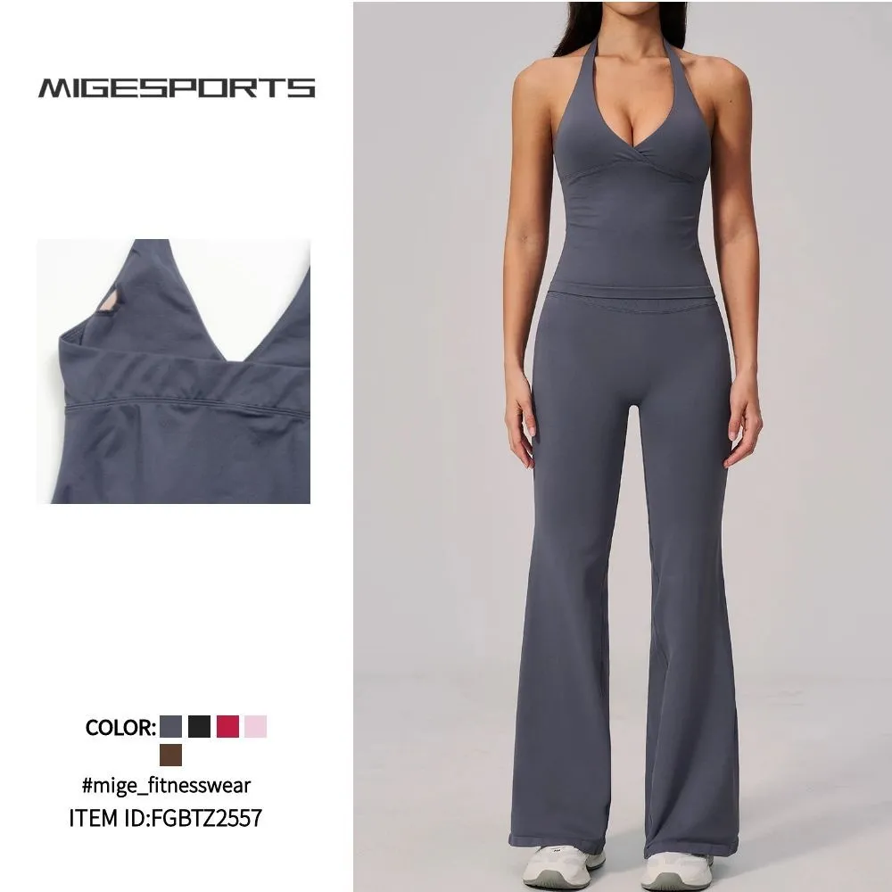 Outdoor Ladies Fitness Tracksuit Halter Neck Backless Tank Top Flared Pants Gym Leggings 2 Piece Yoga Set FGBTZ2557