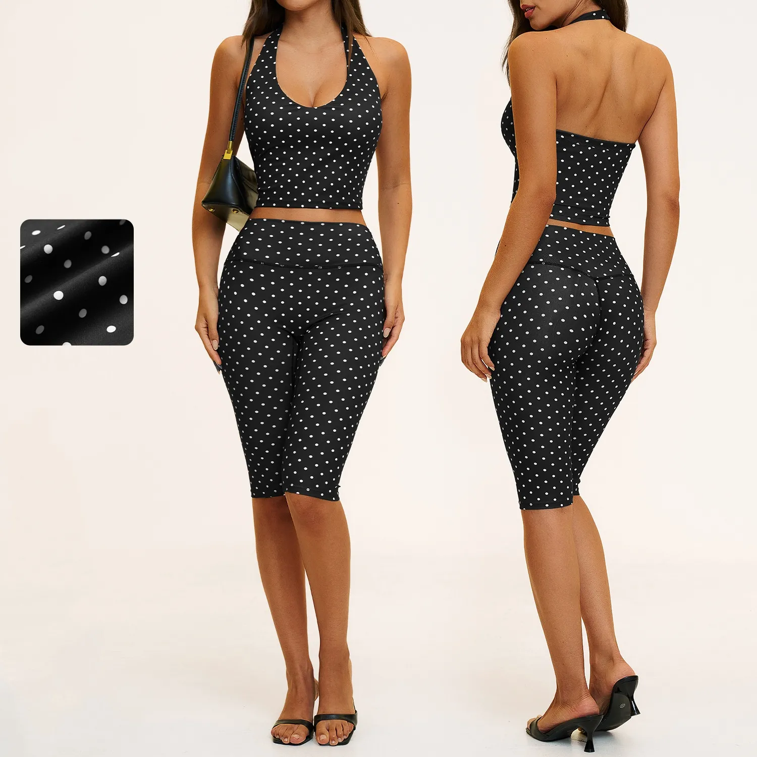 Workout Activewear Women Pink Polka Dot Sports Singlets High Waist Biker Shorts 2 Piece Set Slim Fit Stretch Yoga Gym Outfit FGBTZ4551