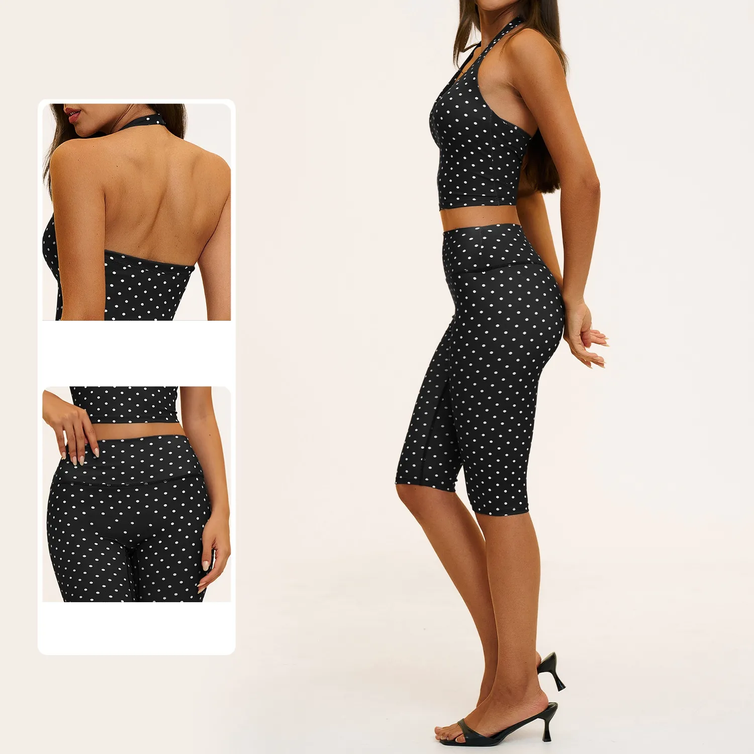 Workout Activewear Women Pink Polka Dot Sports Singlets High Waist Biker Shorts 2 Piece Set Slim Fit Stretch Yoga Gym Outfit FGBTZ4551