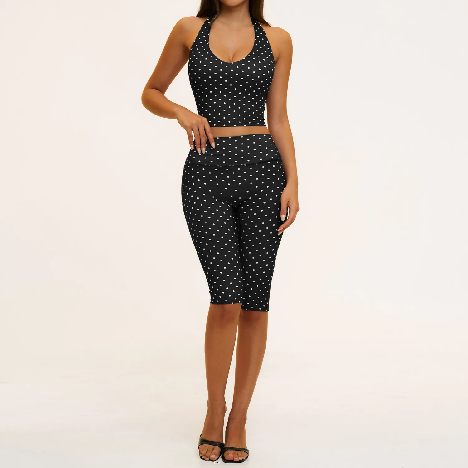 Workout Activewear Women Pink Polka Dot Sports Singlets High Waist Biker Shorts 2 Piece Set Slim Fit Stretch Yoga Gym Outfit FGBTZ4551