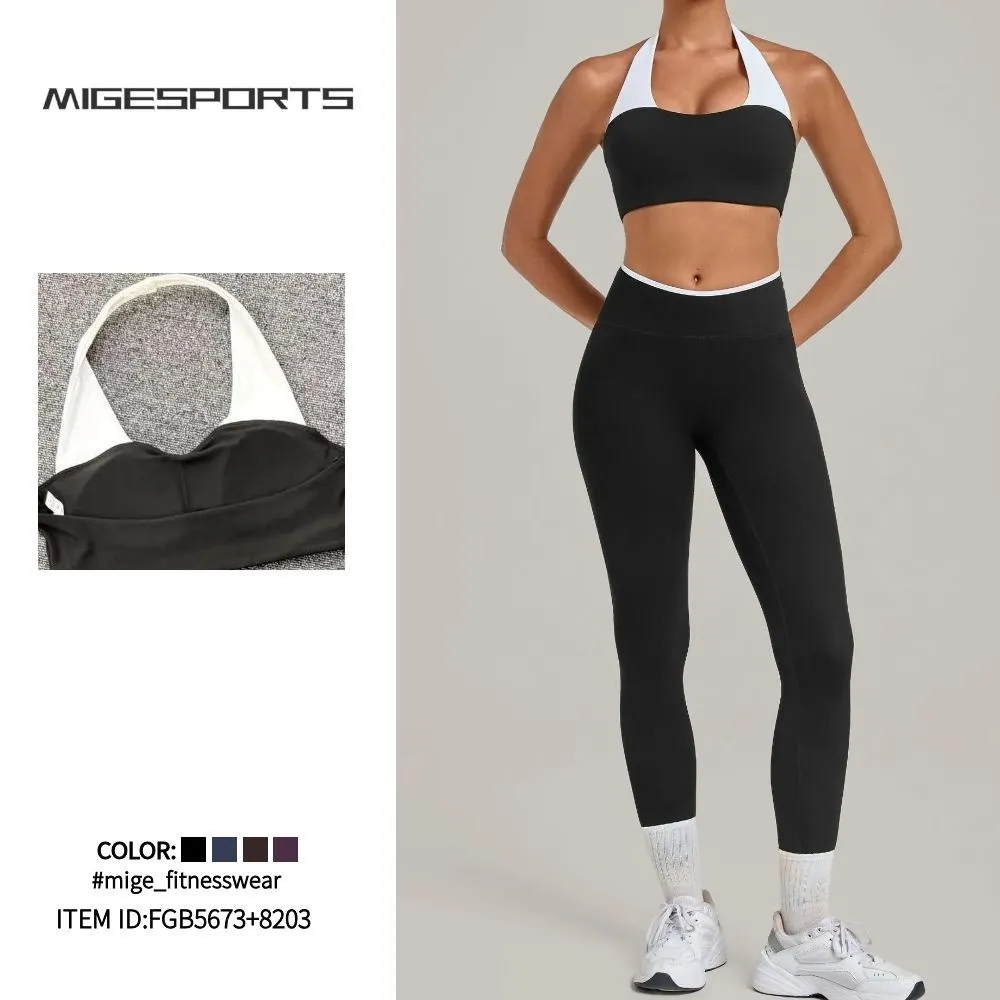 Workout Set Female Hanging Neck Sports Bra Leggings Active Wear Gym Clothing Beautiful Back Yoga Set Women 2 Piece Set FGB5673+8203