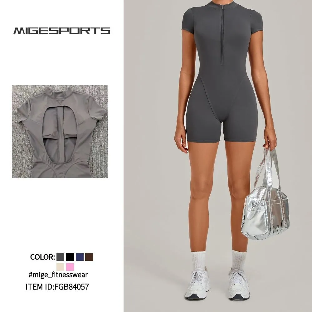 Hollowed Back Short Sleeve Zipper Jumpsuit Women's Fitness Yoga Exercise Jumpsuit FGB84057