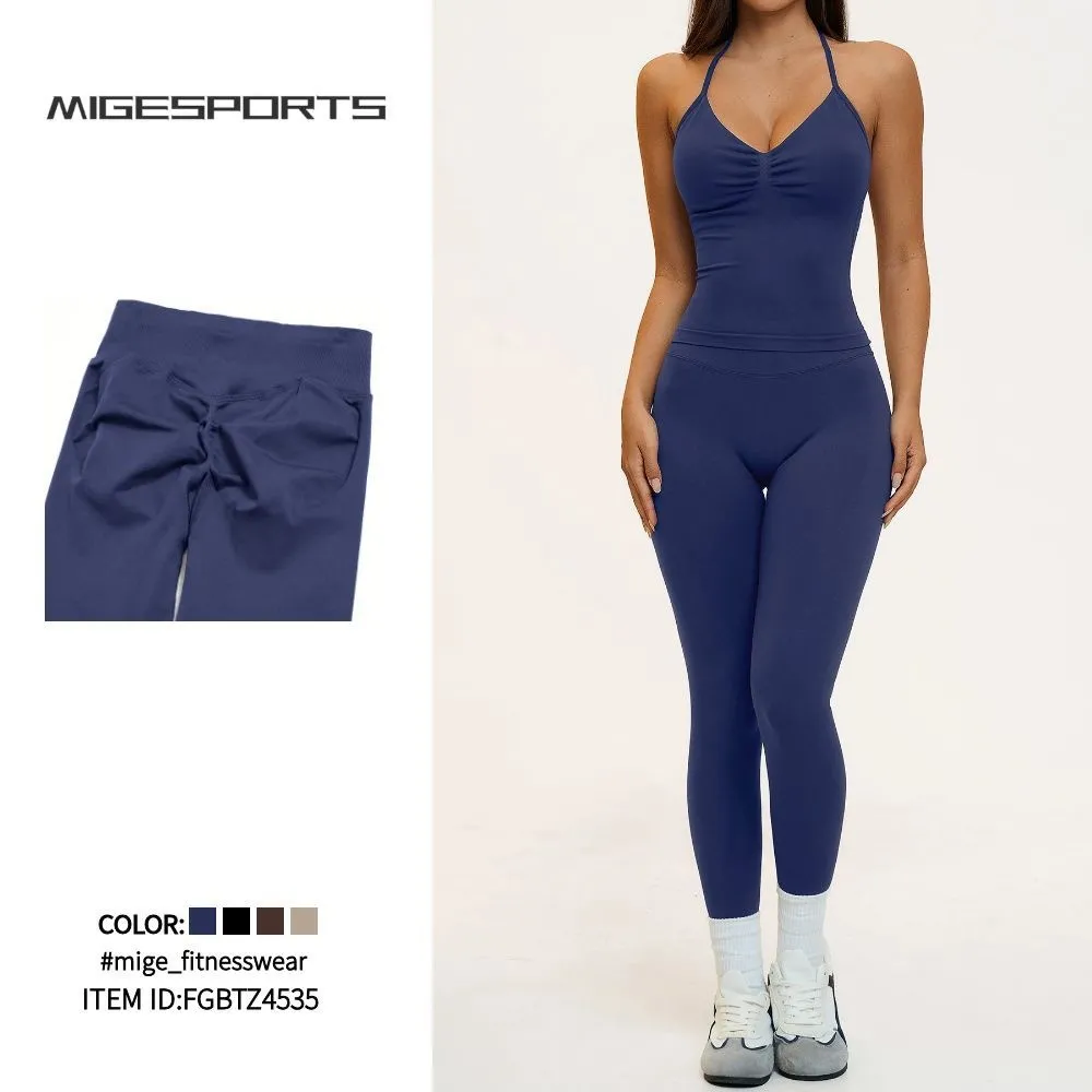 Quick Drying Yoga Shorts Halterneck Vest Cross Back Sling Bras Seamless Leggings for Women 7 Piece Set FGBTZ4535