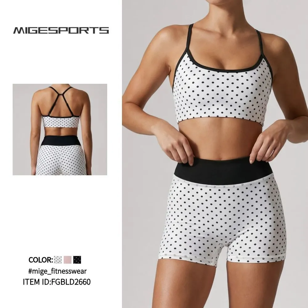 Women Polka Dot Pilates Outfit Set Ladies 2 Piece Bra and Short Pilates Workout Set FGBLD2660