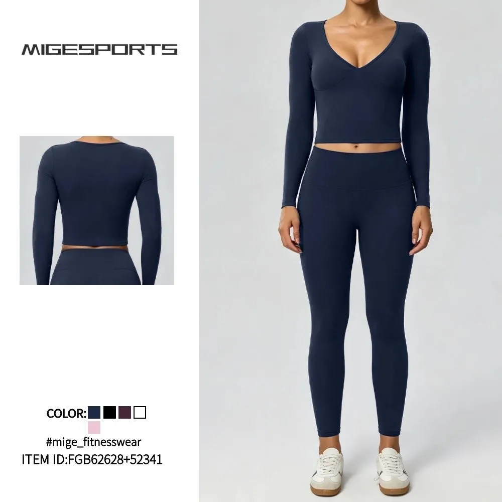 Yoga Set Women's Long Sleeve Butt Lifting Leggings Comfortable Soft Gym Running Activewear FGB62628+52341