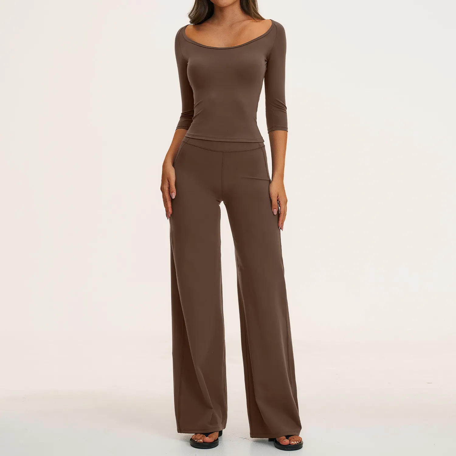 Chocolate 3/4 length sleeves tops+pants