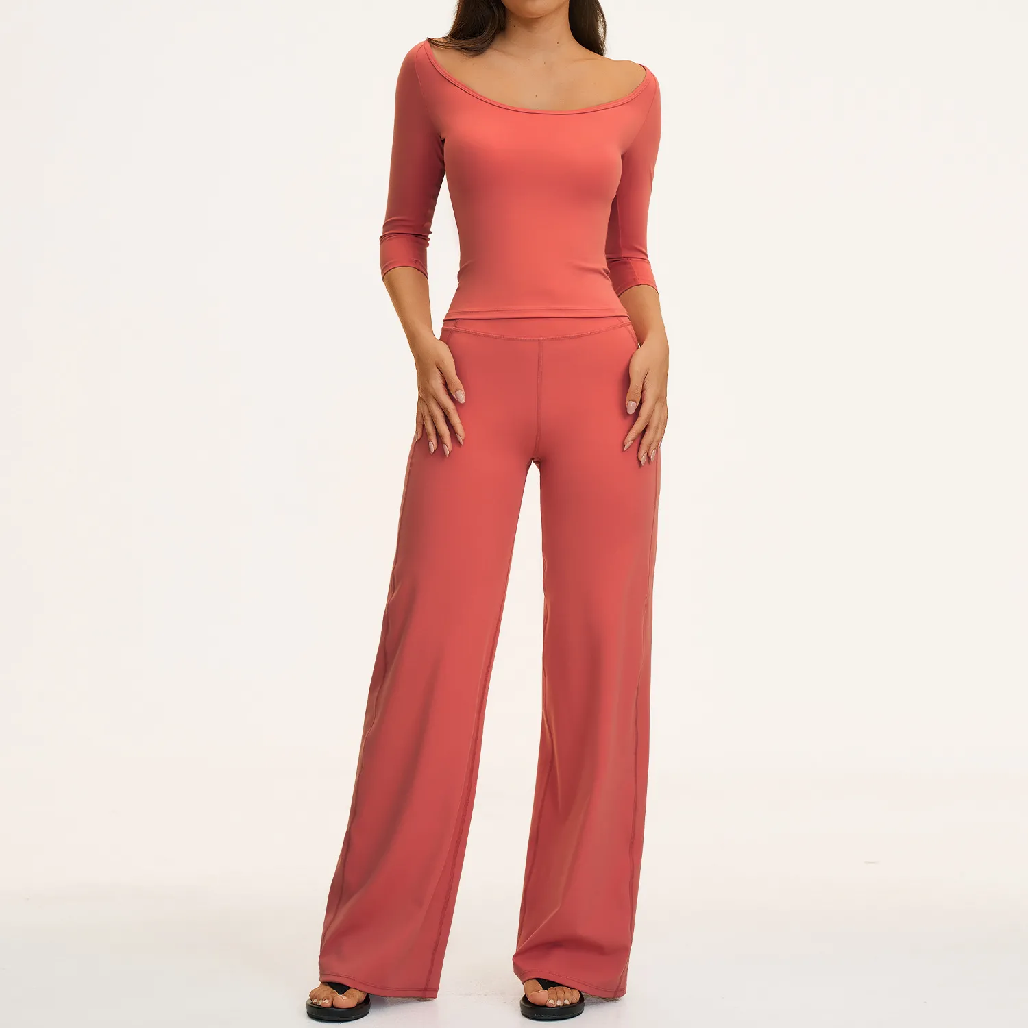 Apple red 3/4 length sleeves tops+pants