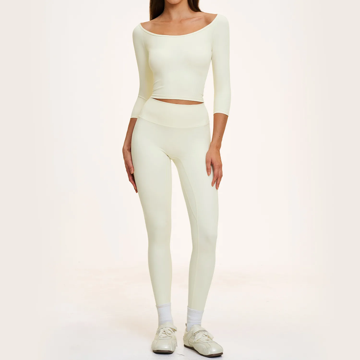 Cream 3/4 length sleeves tops+leggings