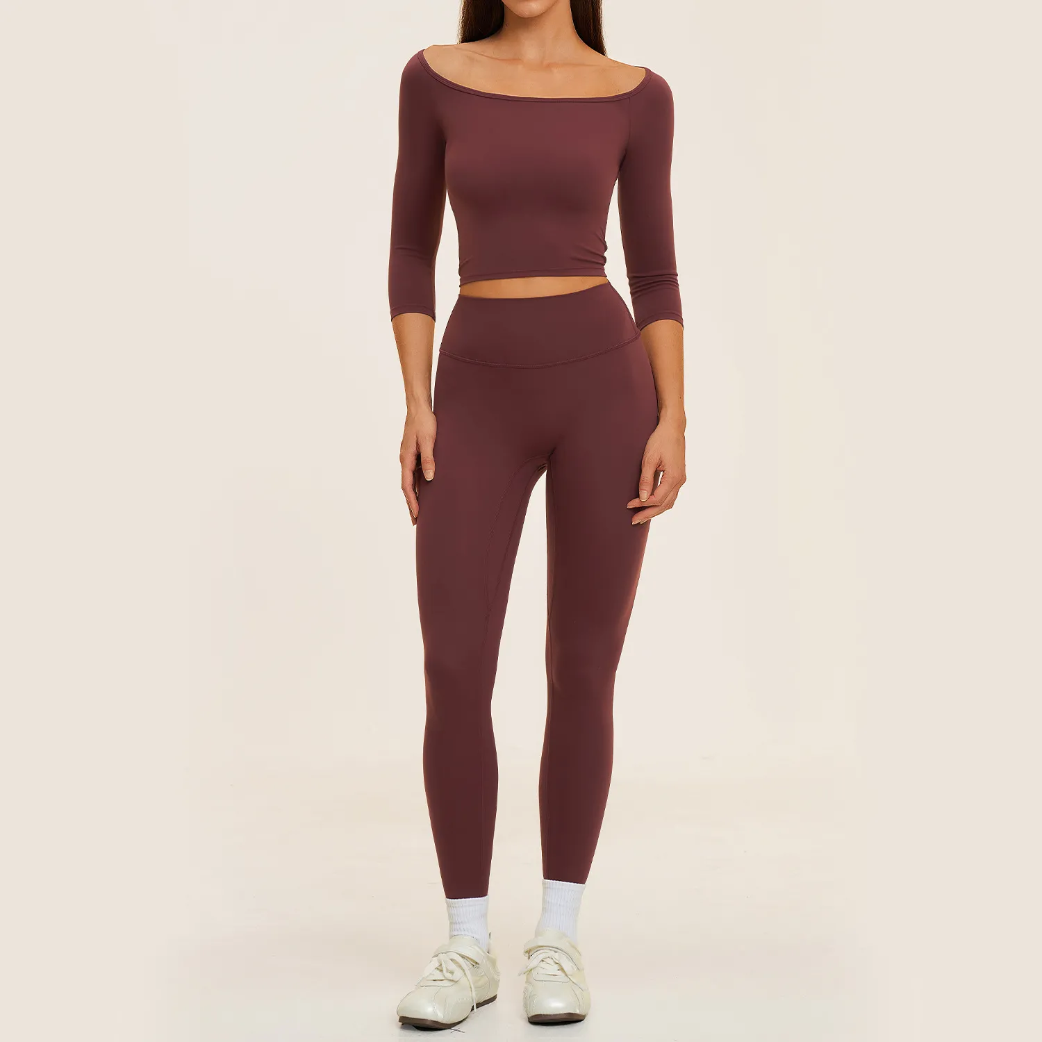 Wine 3/4 length sleeves tops+leggings